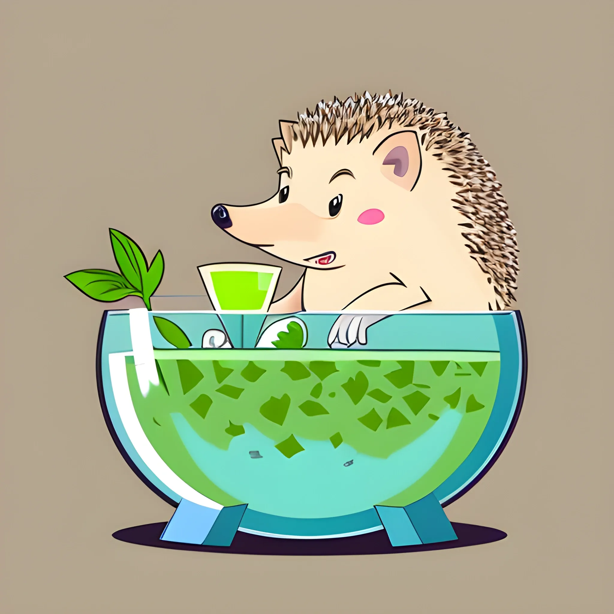 A big  brutal hedgehog is bathing in a glass of mojito. The background is a neutral light sky color. A vector image. Cartoon style.