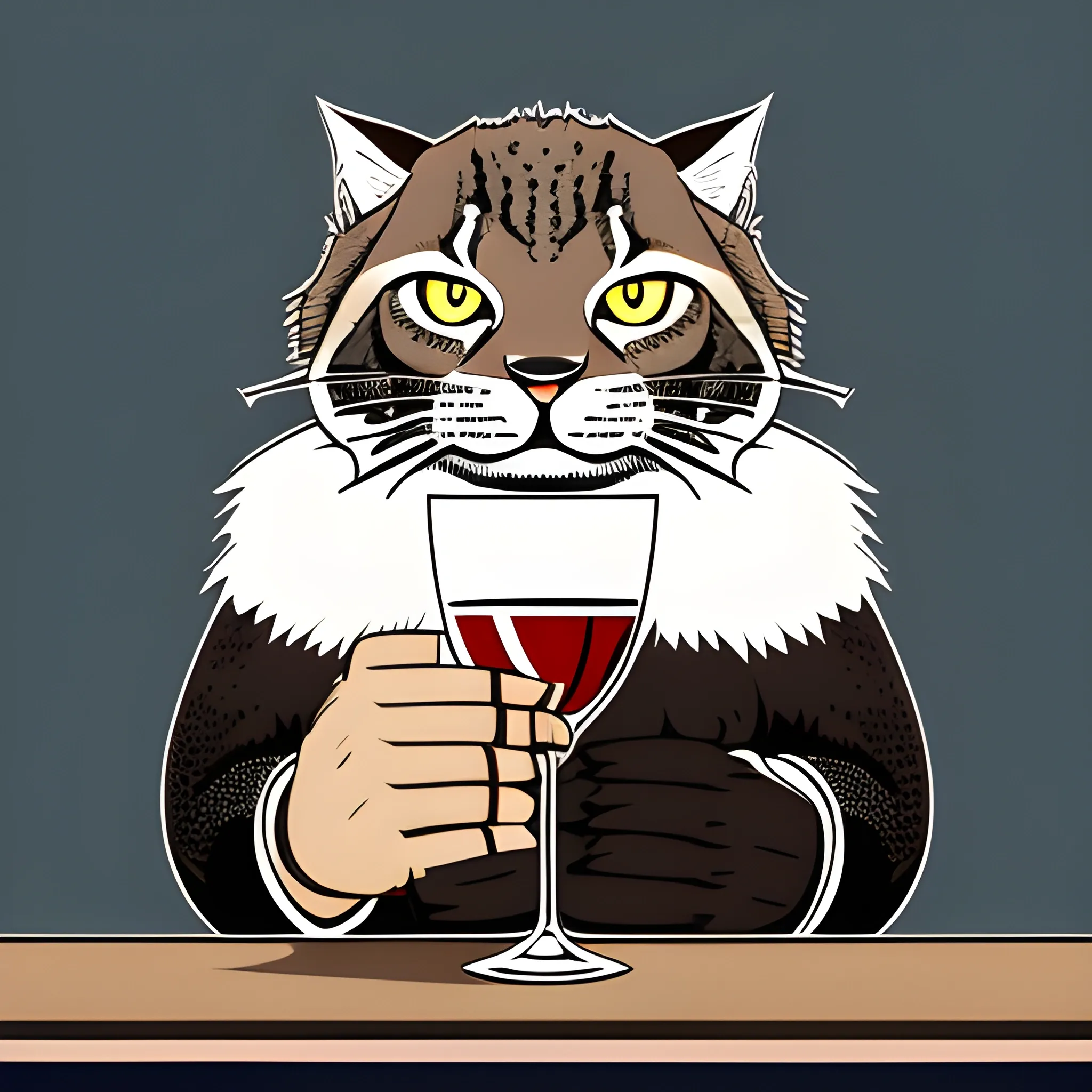 Big brutal cat Manul drinks a glass of whiskey with a cherry. The background is made in neutral tones of a light sky. A vector image. Cartoon style.