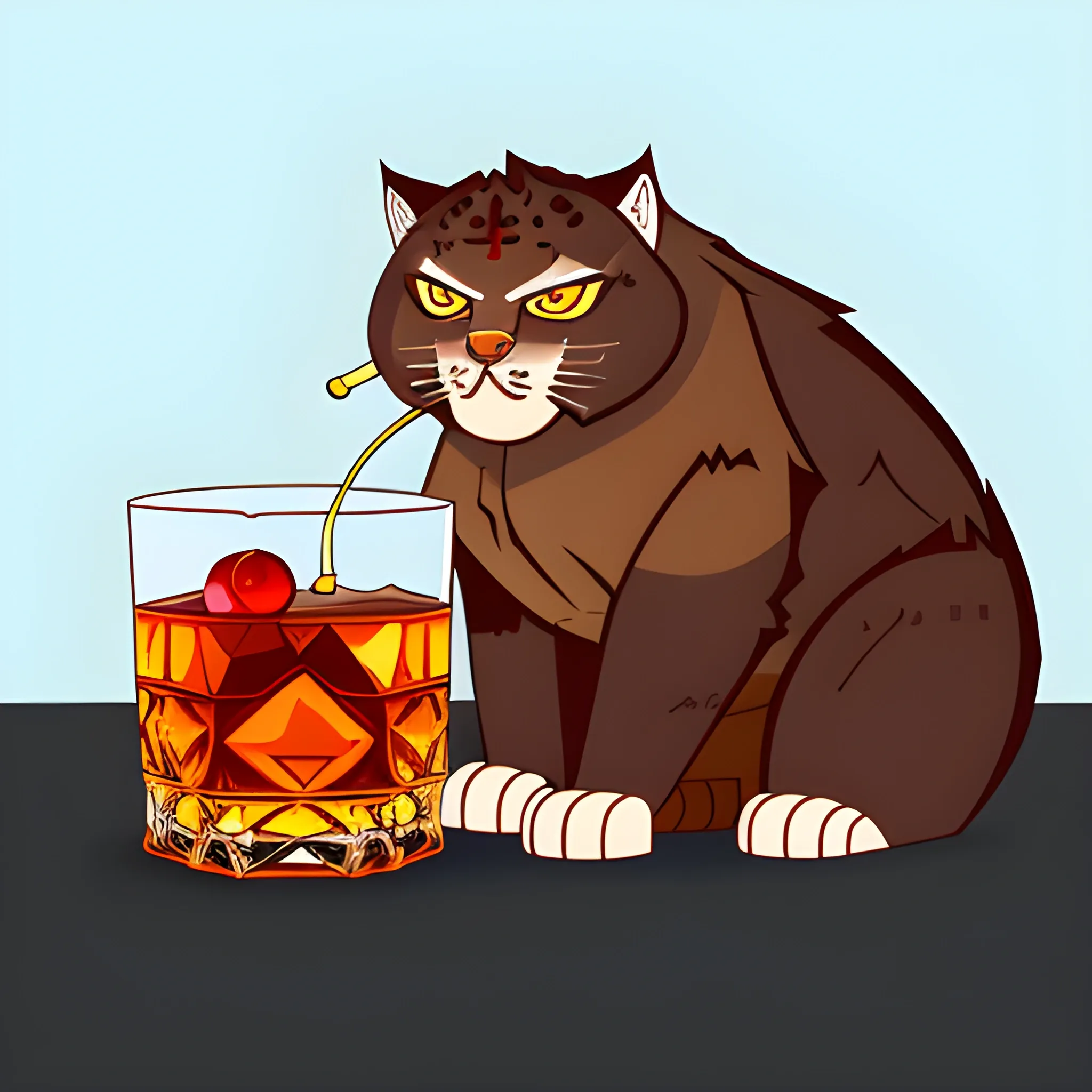 A big brutal Manul drinks a glass of whiskey with ice and a cherry. The background is made in neutral tones of a light sky. A vector image. Cartoon style.