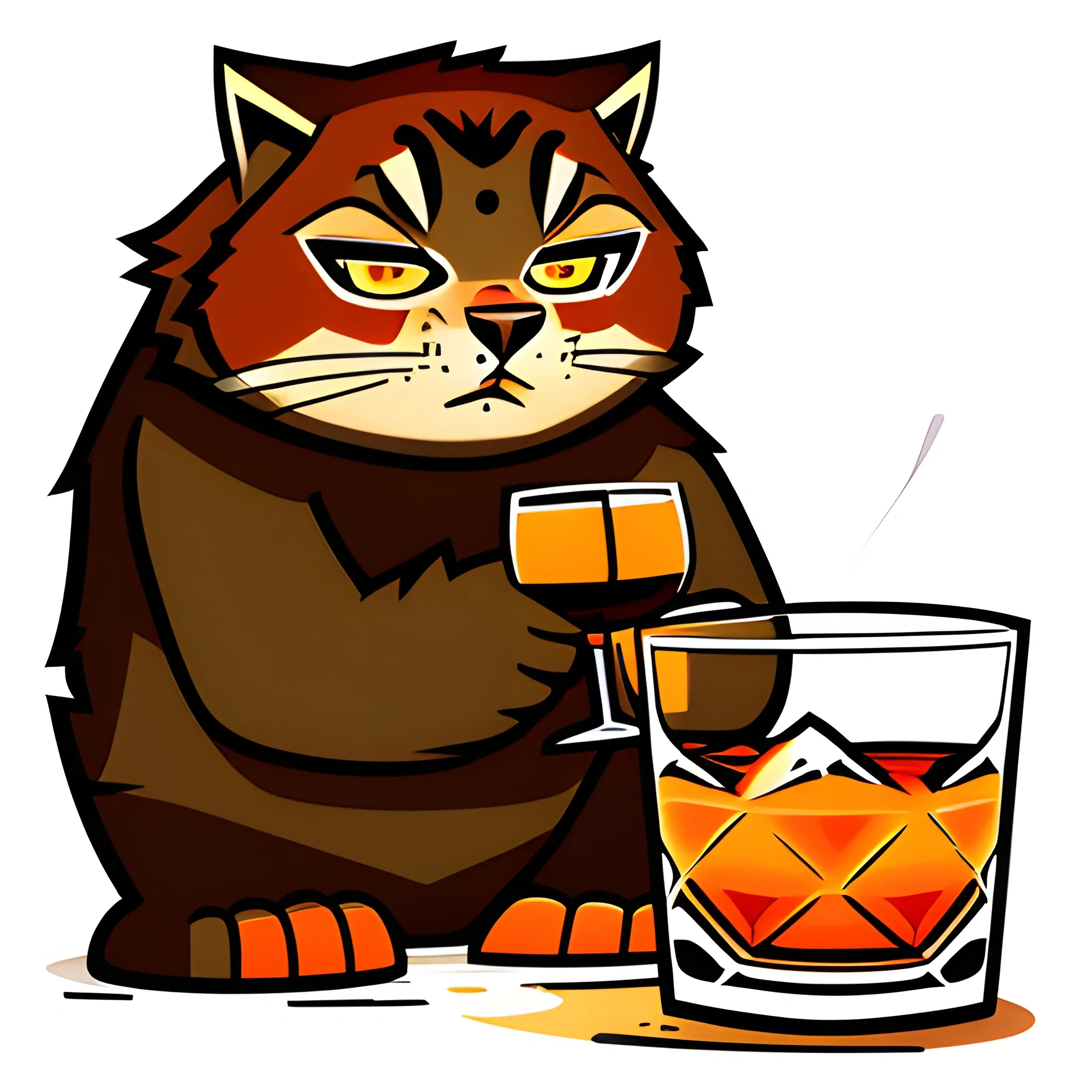 A big brutal Manul drinks a glass of whiskey with ice and a cherry. The background is made in neutral tones of a light sky. A vector image. Cartoon style.