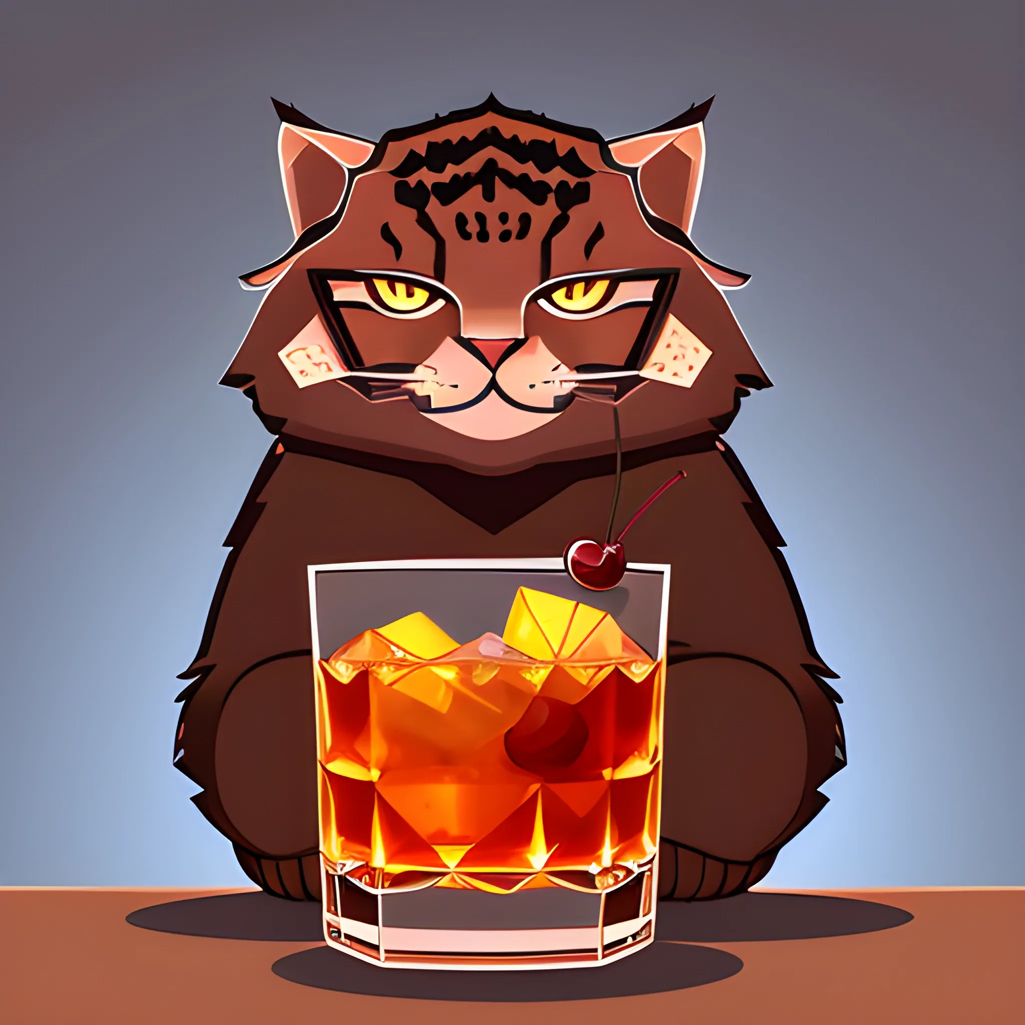 A big brutal Manul drinks a glass of whiskey with ice and a cherry. The background is made in neutral tones of a light sky. A vector image. Cartoon style.