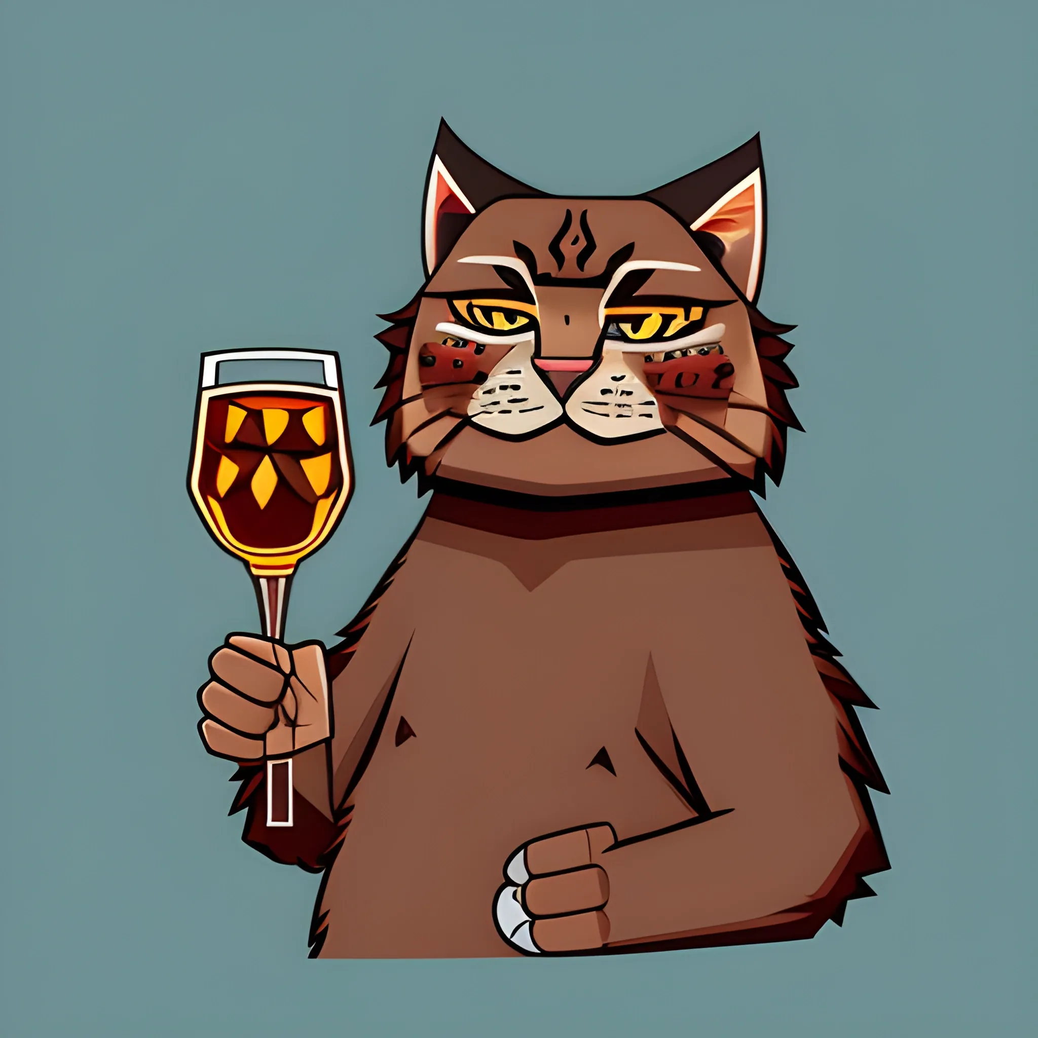 A big brutal Manul holds a glass of whiskey with ice and a cherry. The background is made in neutral tones of a light sky. A vector image. Cartoon style.