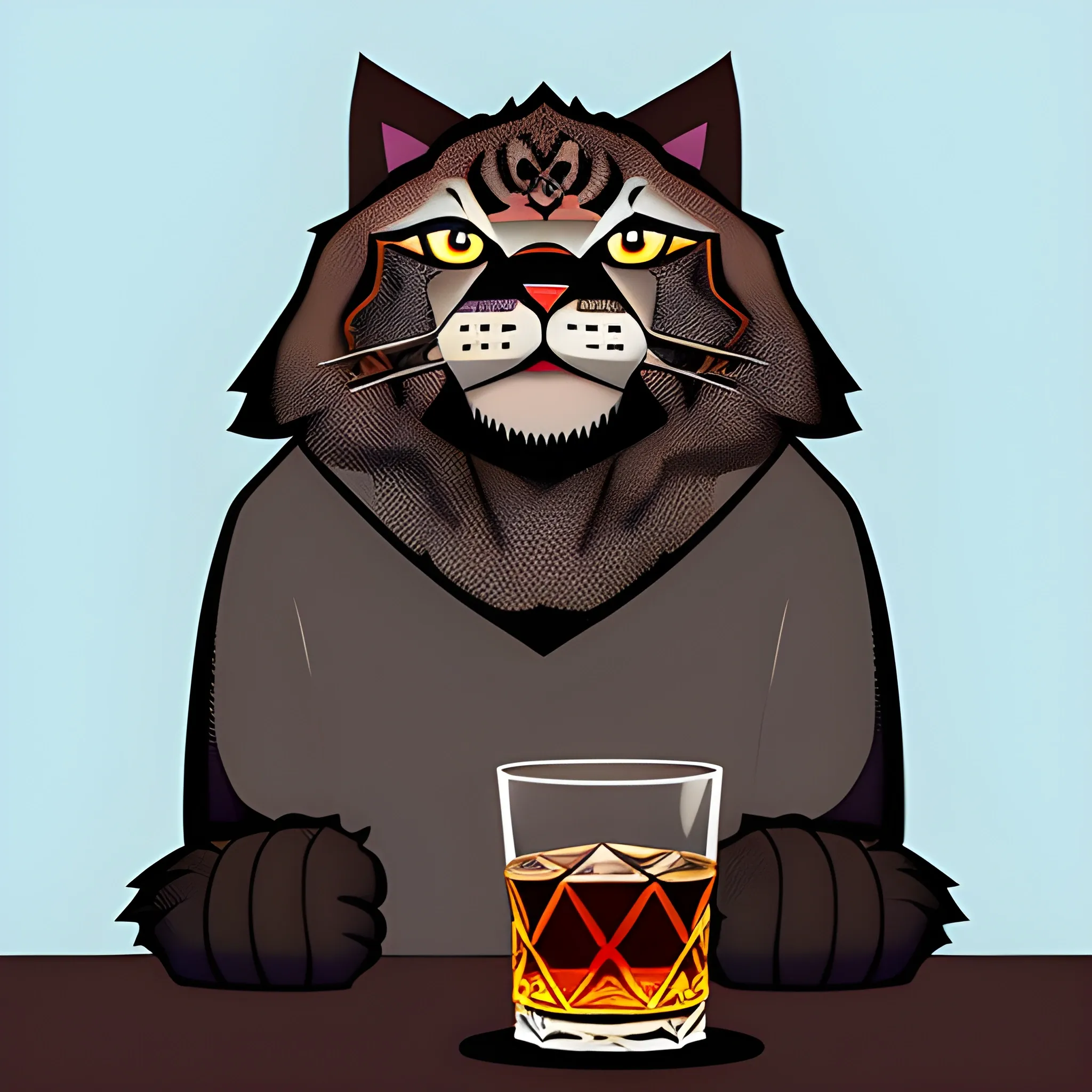 A big brutal Manul holds a glass of whiskey with ice and a cherry. The background is made in neutral tones of a light sky. A vector image. Cartoon style.