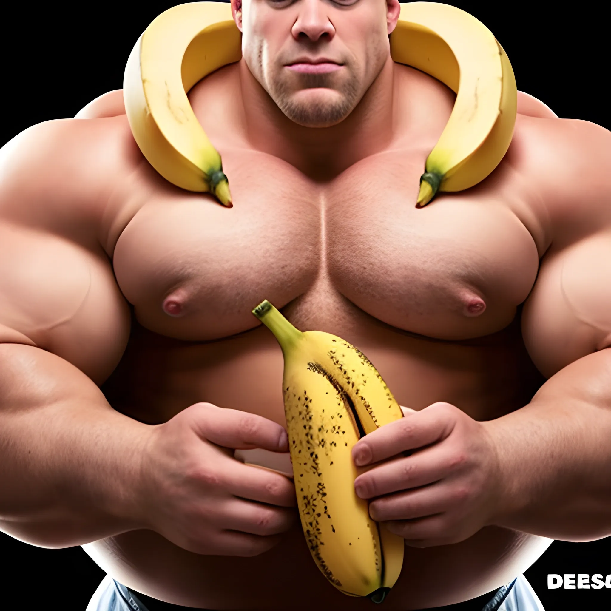 Big muscular man with big pecs squeezing a banana between pectorals