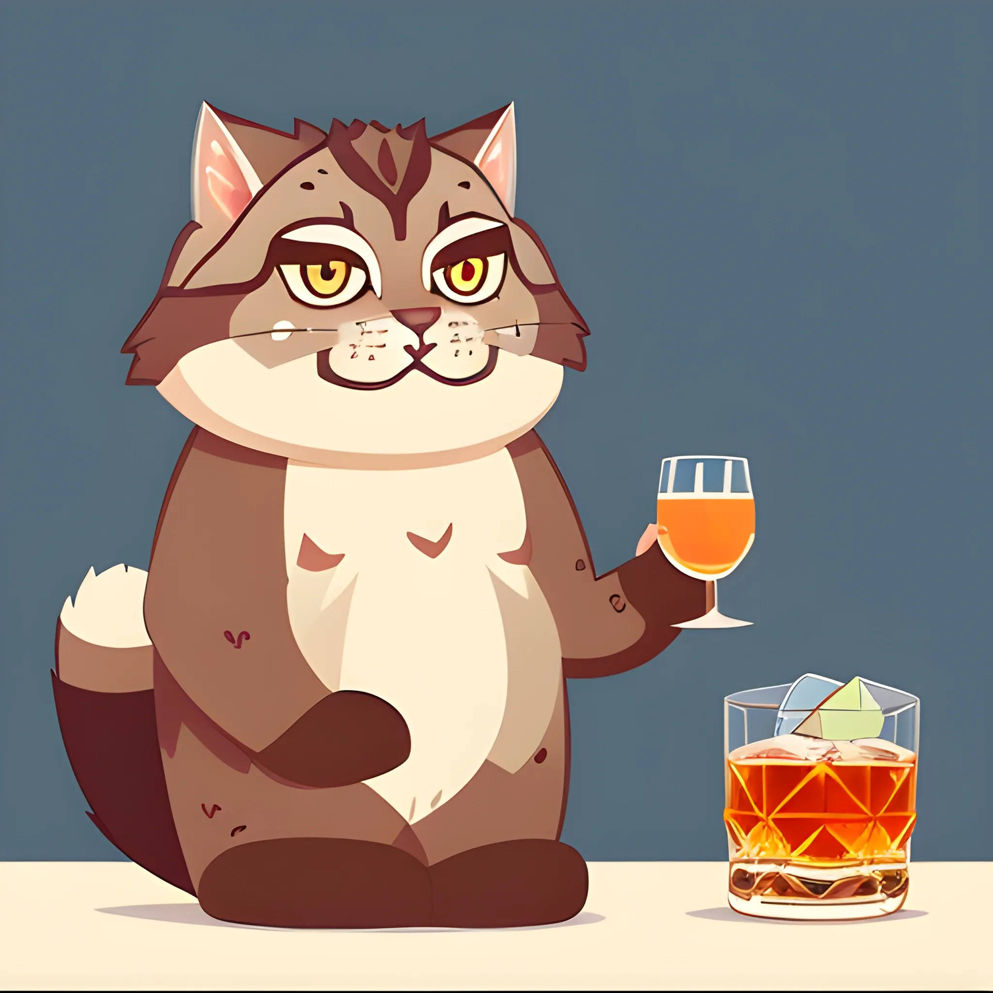 A big cute Manul holds a glass of whiskey with ice and a cherry. The background is made in neutral tones of a light sky. A vector image. Cartoon style.