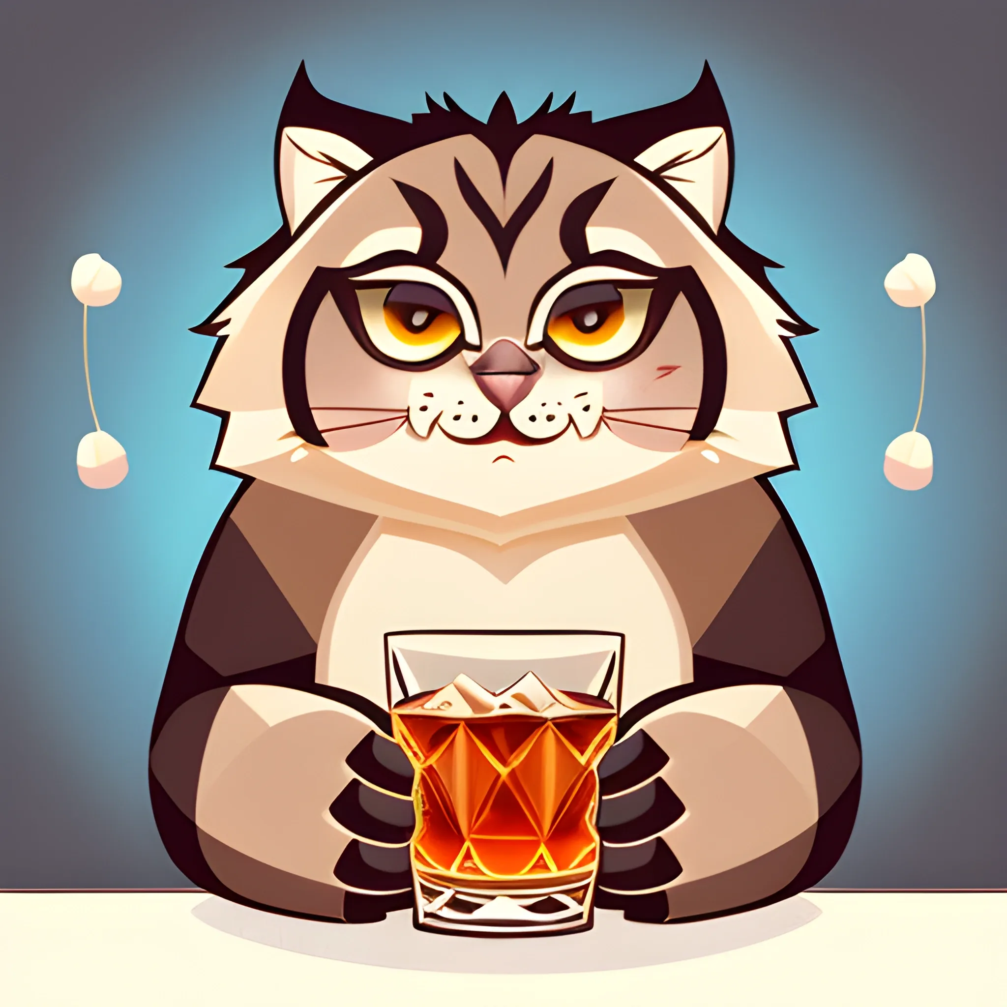 A big cute Manul holds a glass of whiskey with ice and a cherry. The background is made in neutral tones of a light sky. A vector image. Cartoon style.