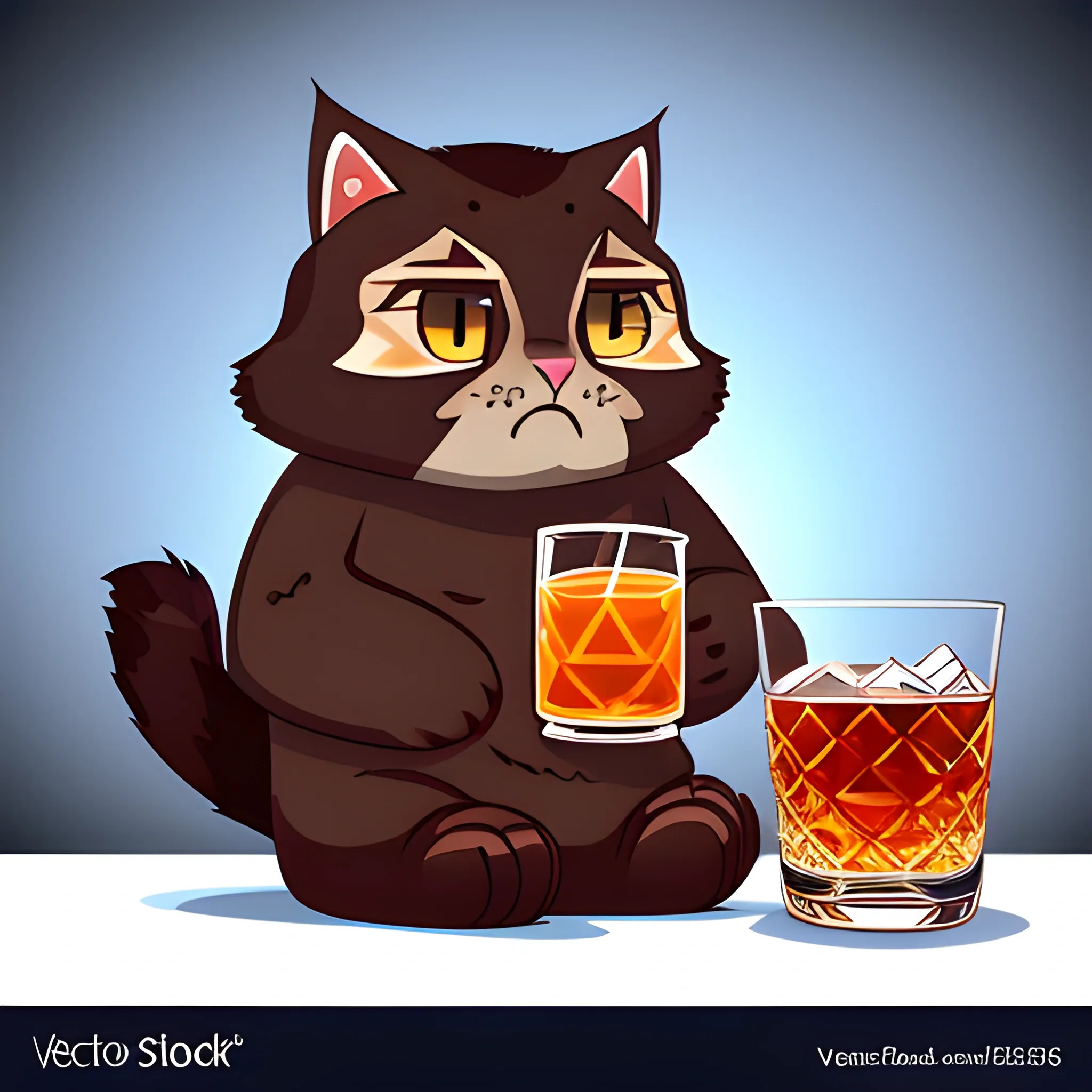 A big cute Manul holds a glass of whiskey with ice and a cherry. The background is made in neutral tones of a light sky. A vector image. Cartoon style.