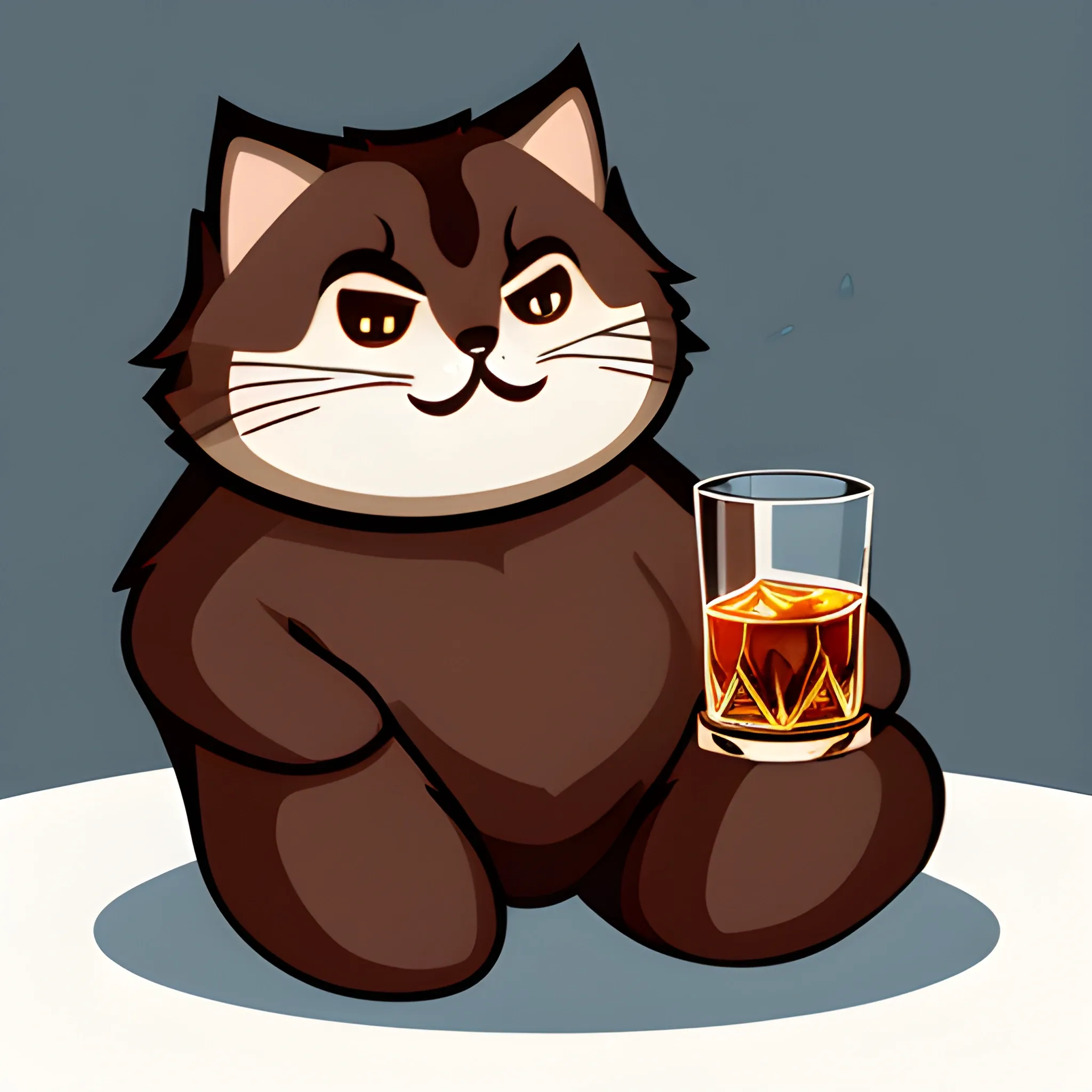 A big cute Manul holds a glass of whiskey with ice and a cherry. The background is made in neutral tones of a light sky. A vector image. Cartoon style.