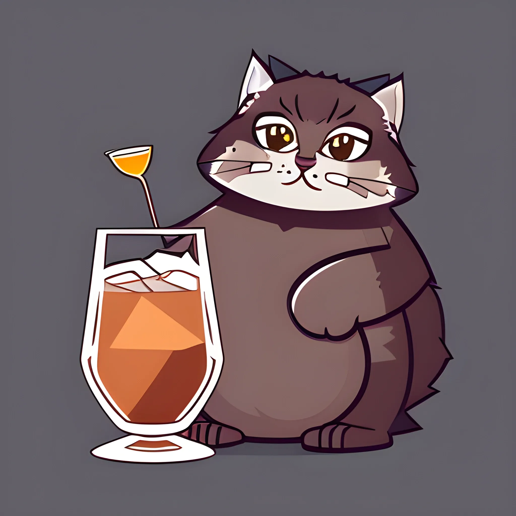 A big cute Manul holds a glass of whiskey with ice and a cherry. The background is monochrome neutral of a light sky. A vector image. Cartoon style.