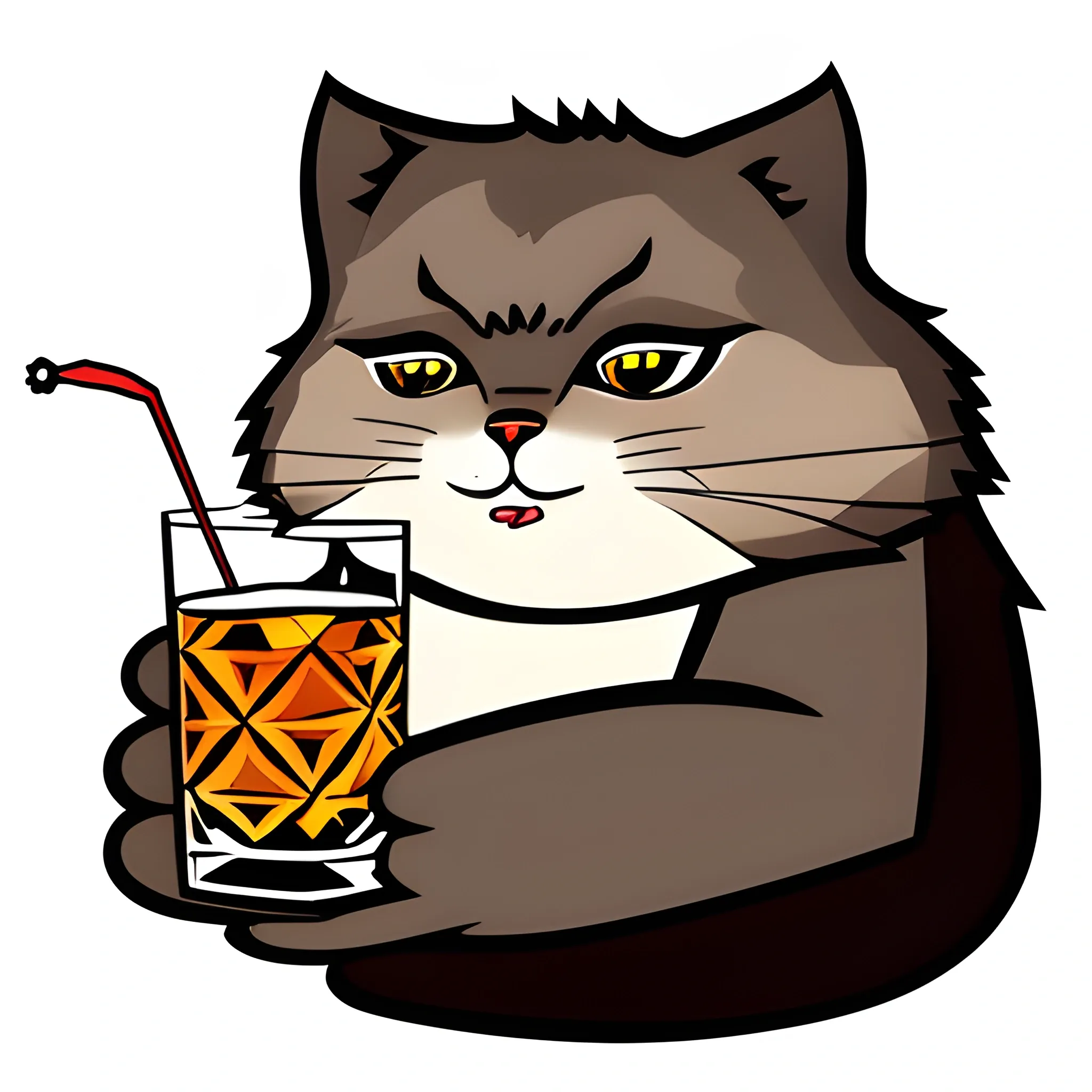 A big cute Manul holds a glass of whiskey with ice and a cherry. The background is monochrome neutral of a light sky. A vector image. Cartoon style.