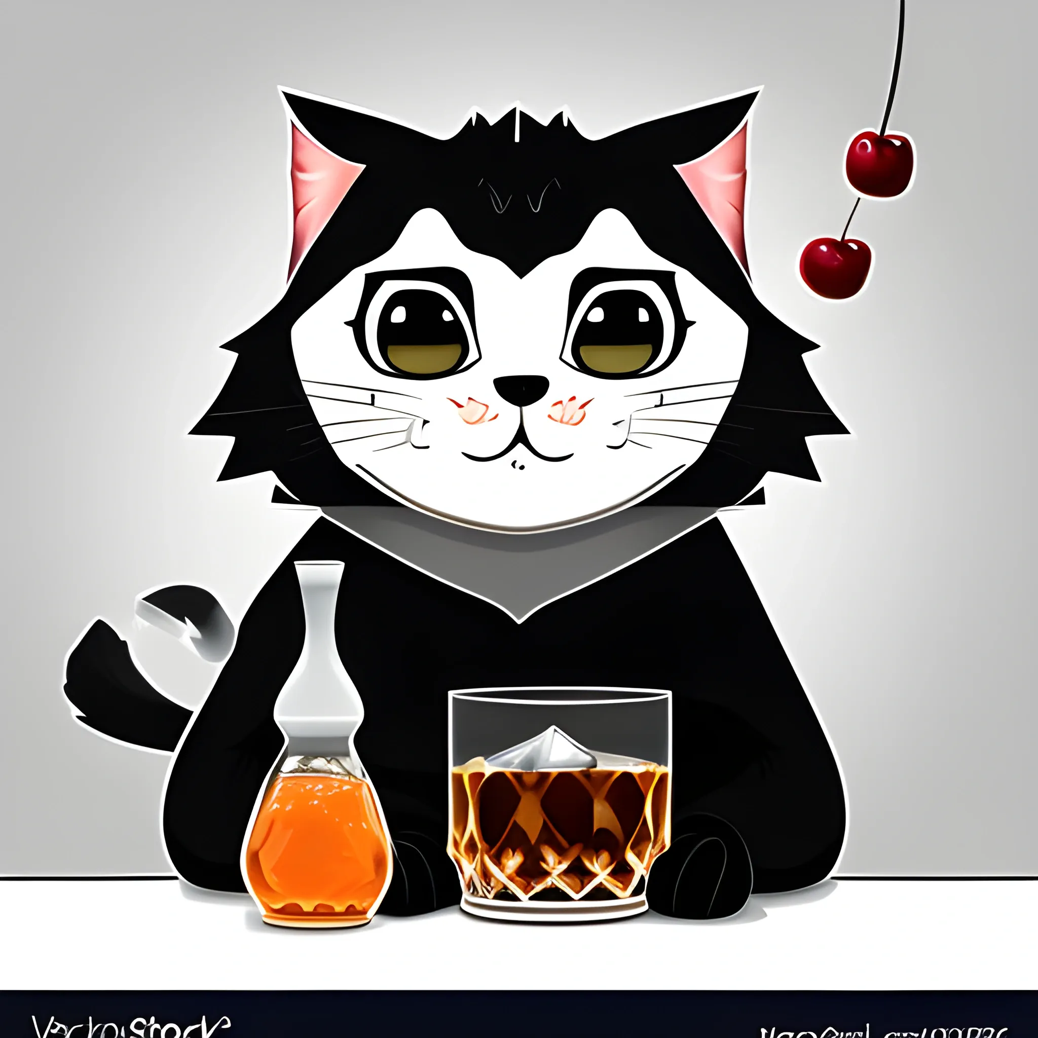 A big cute Manul holds a glass of whiskey with ice and a cherry. The background is monochrome neutral of a light sky. A vector image. Cartoon style.