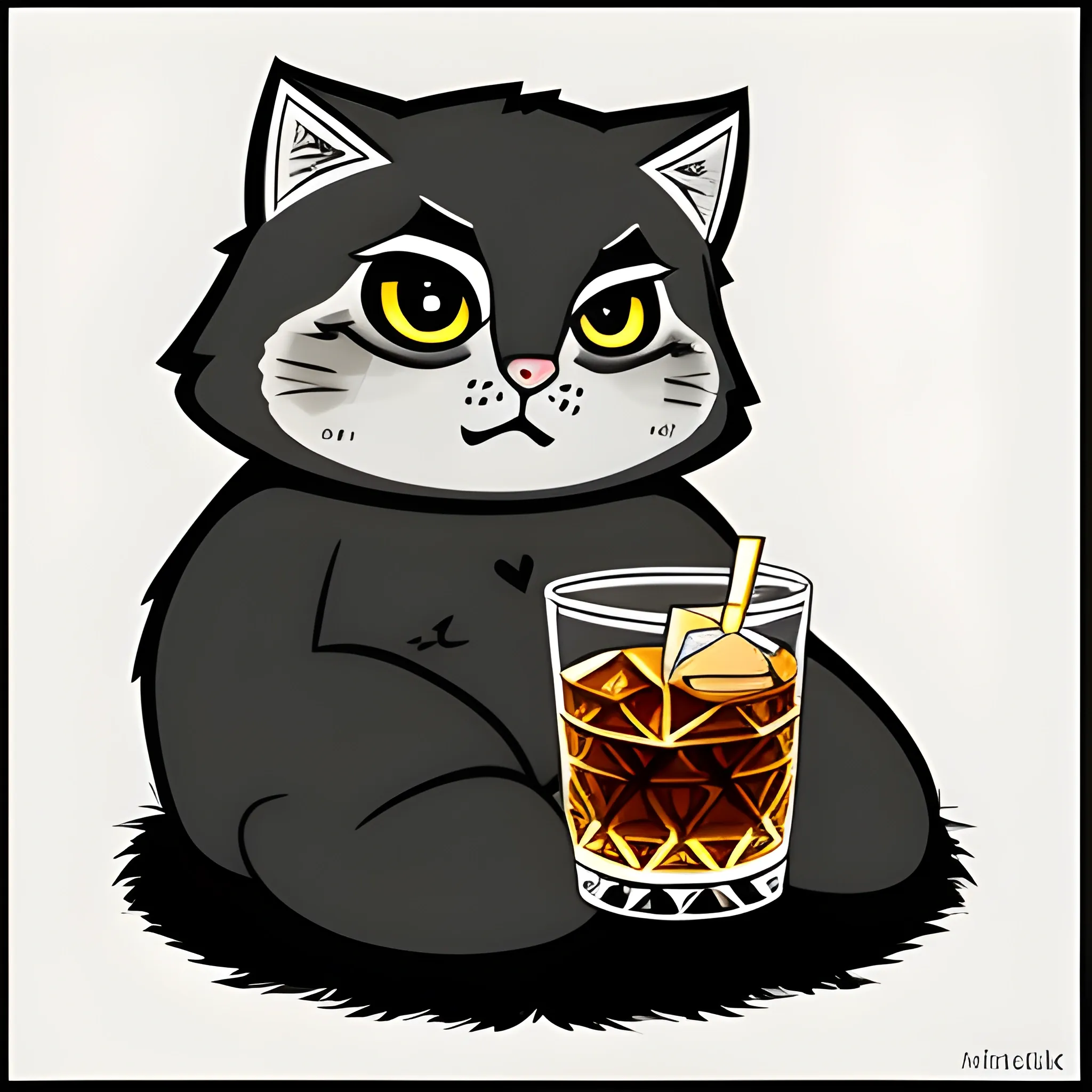 A big cute Manul holds a glass of whiskey with ice. The background is monochrome neutral of a light sky. A vector image. Cartoon style.