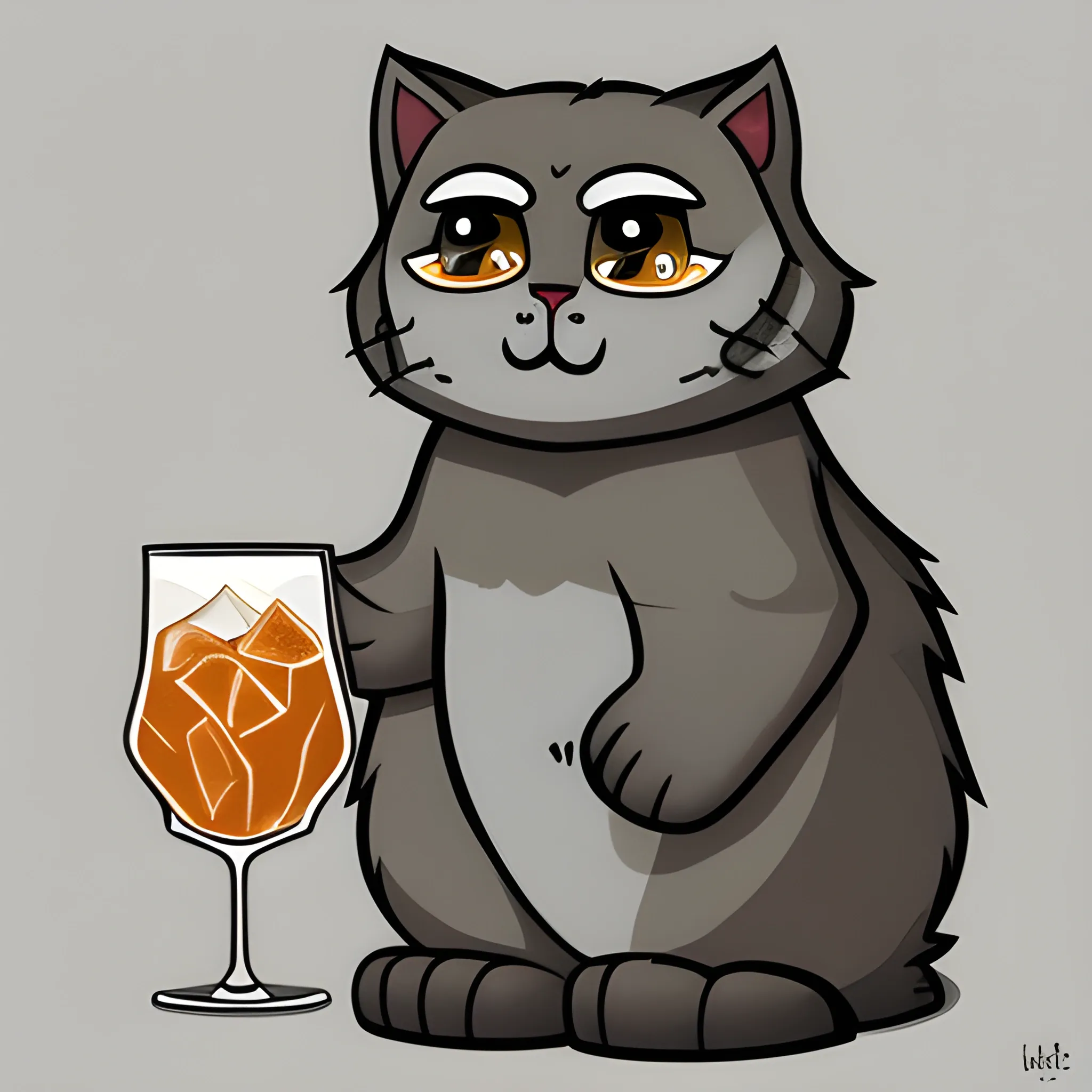 A big cute Manul holds a glass of whiskey with ice. The background is monochrome neutral of a light sky. A vector image. Cartoon style.