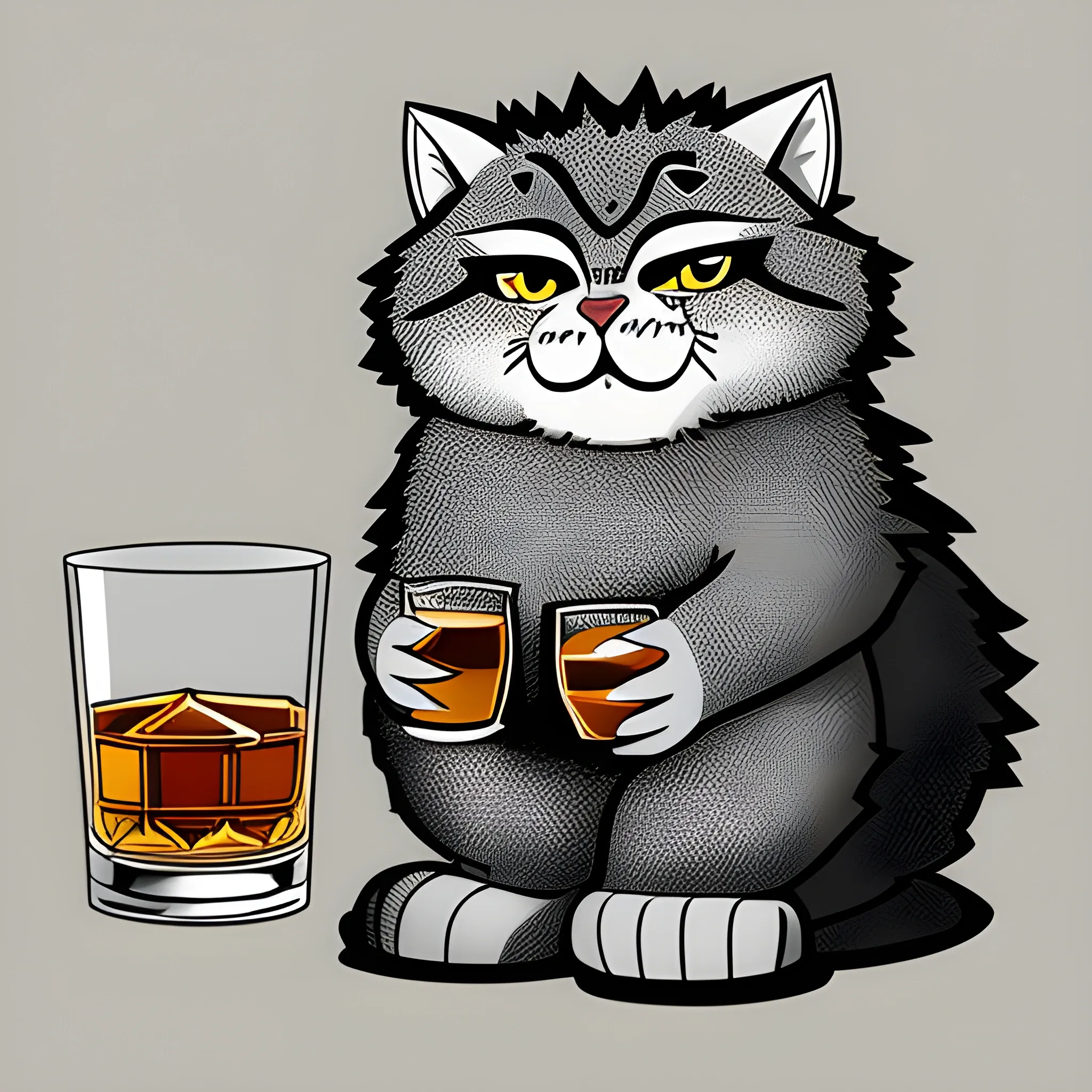 A big cute Manul holds a glass of whiskey with ice. The background is monochrome neutral of a light sky. A vector image. Cartoon style.