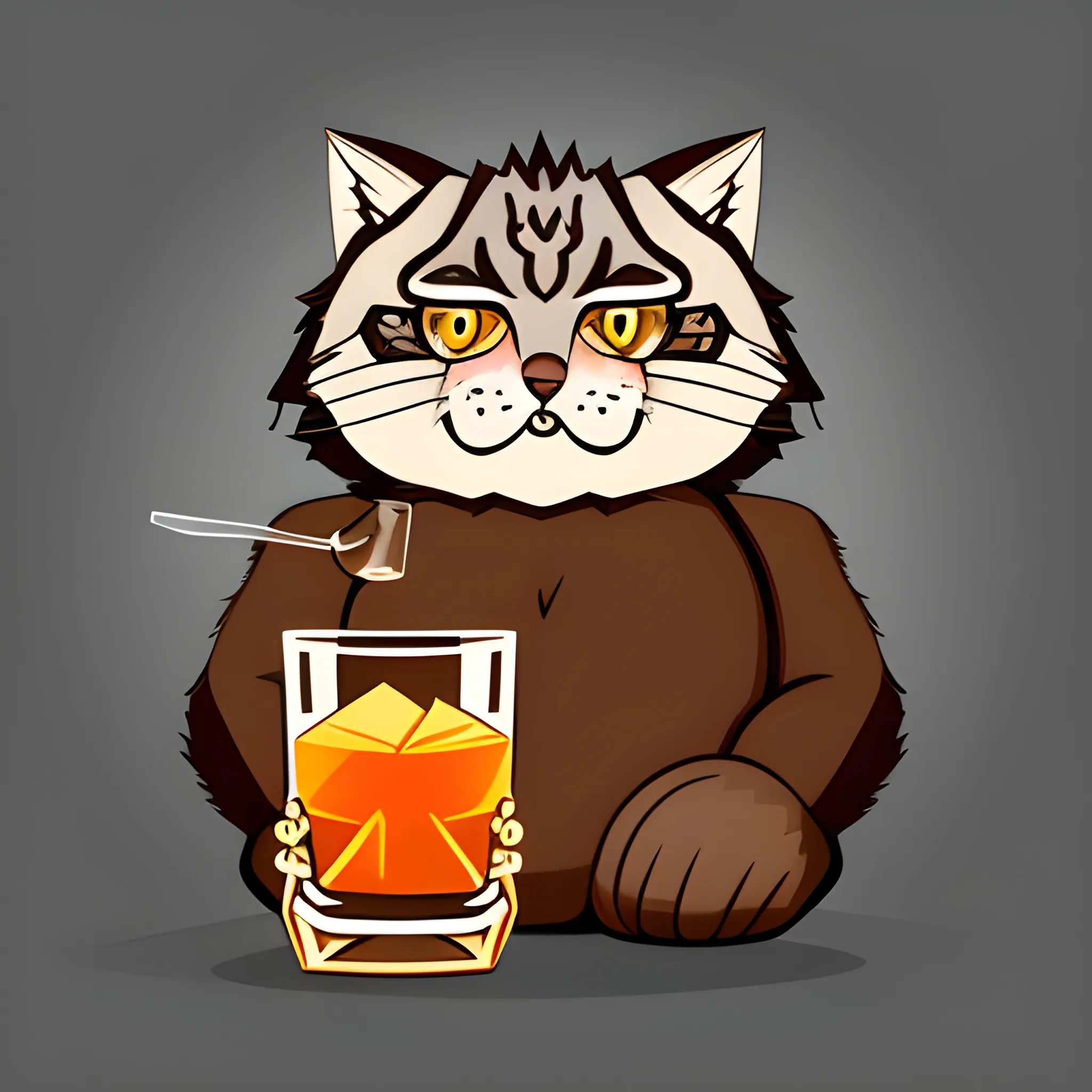 A big cute Manul holds a glass of whiskey with ice. The background is monochrome neutral of a light persimmon. A vector image. Cartoon style.