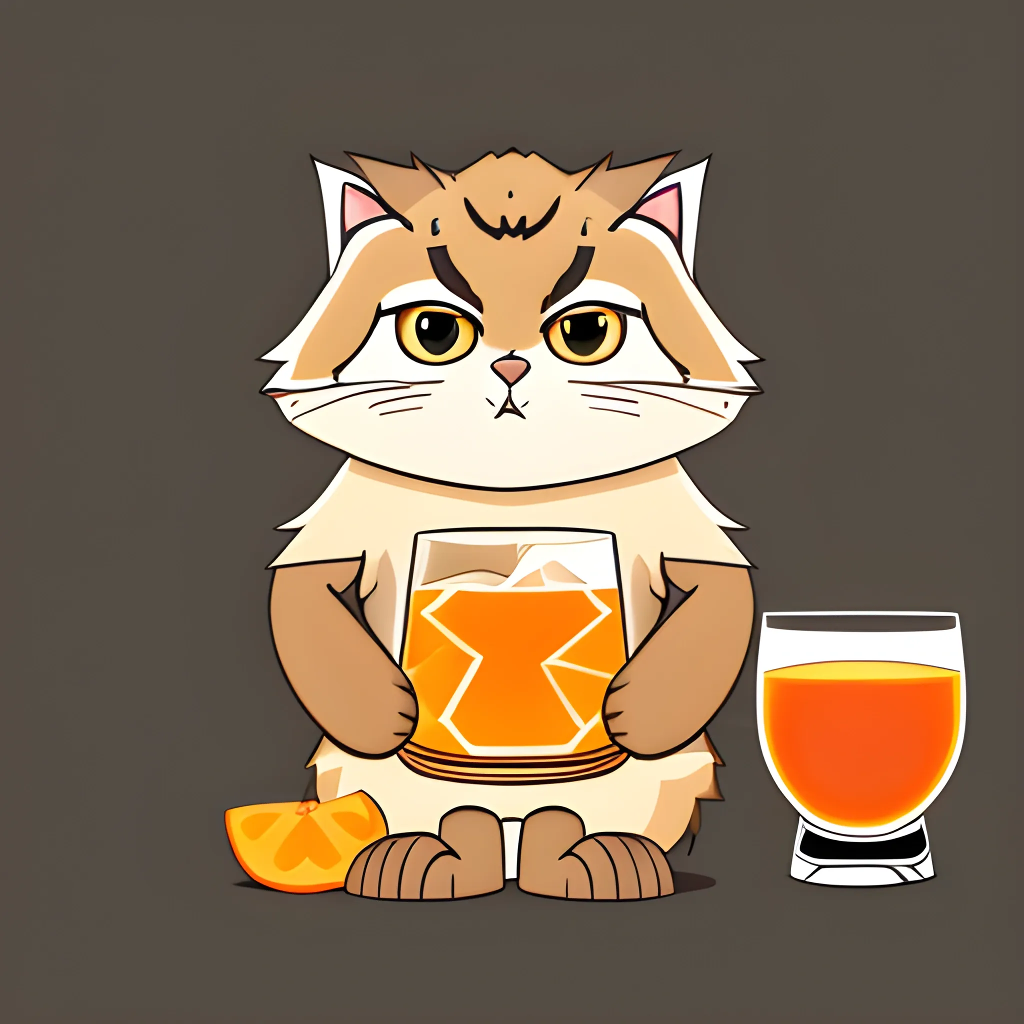 A big cute Manul holds a glass of whiskey with ice. The background is monochrome neutral of a light persimmon. A vector image. Cartoon style.