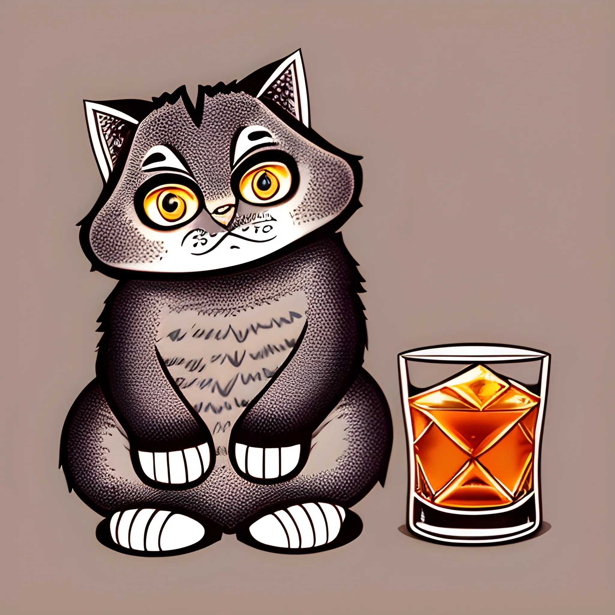 A big cute Manul holds a glass of whiskey with ice. The background is monochrome neutral of a light persimmon. A vector image. Cartoon style.