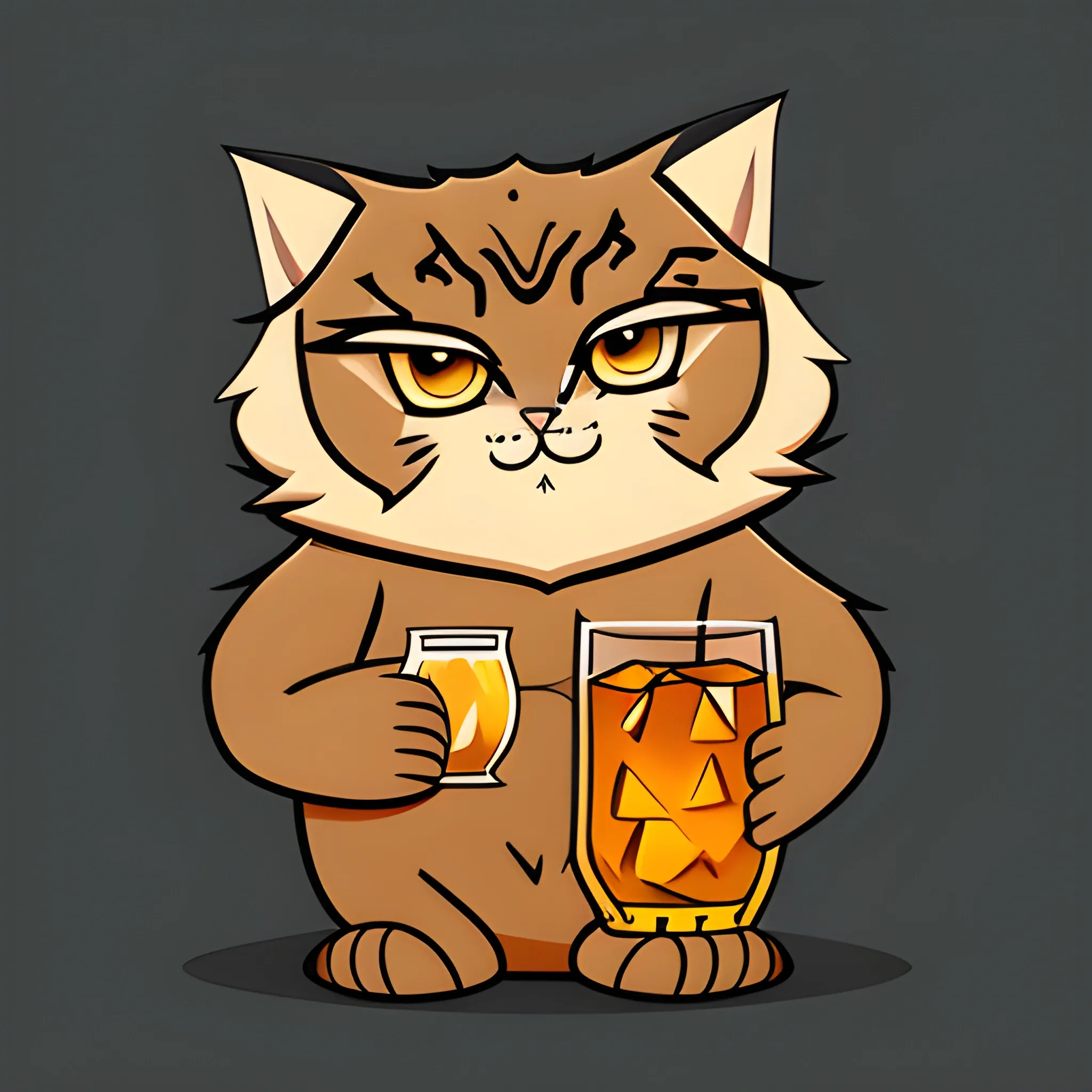 A big cute Manul holds a glass of whiskey with ice. The amber background is monochrome neutral of a light amber. A vector image. Cartoon style.