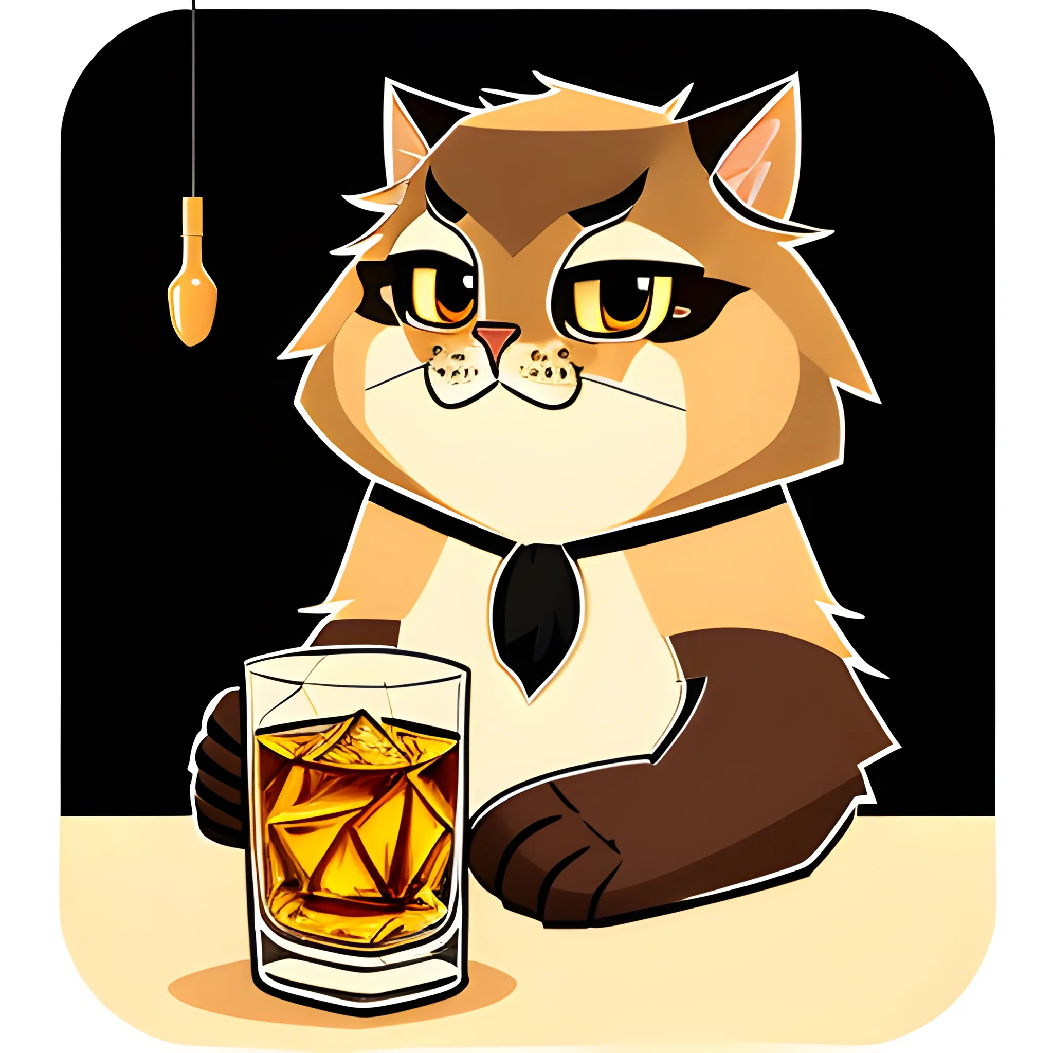 A big cute Manul holds a glass of whiskey with ice. The amber background is monochrome neutral of a light amber. A vector image. Cartoon style.