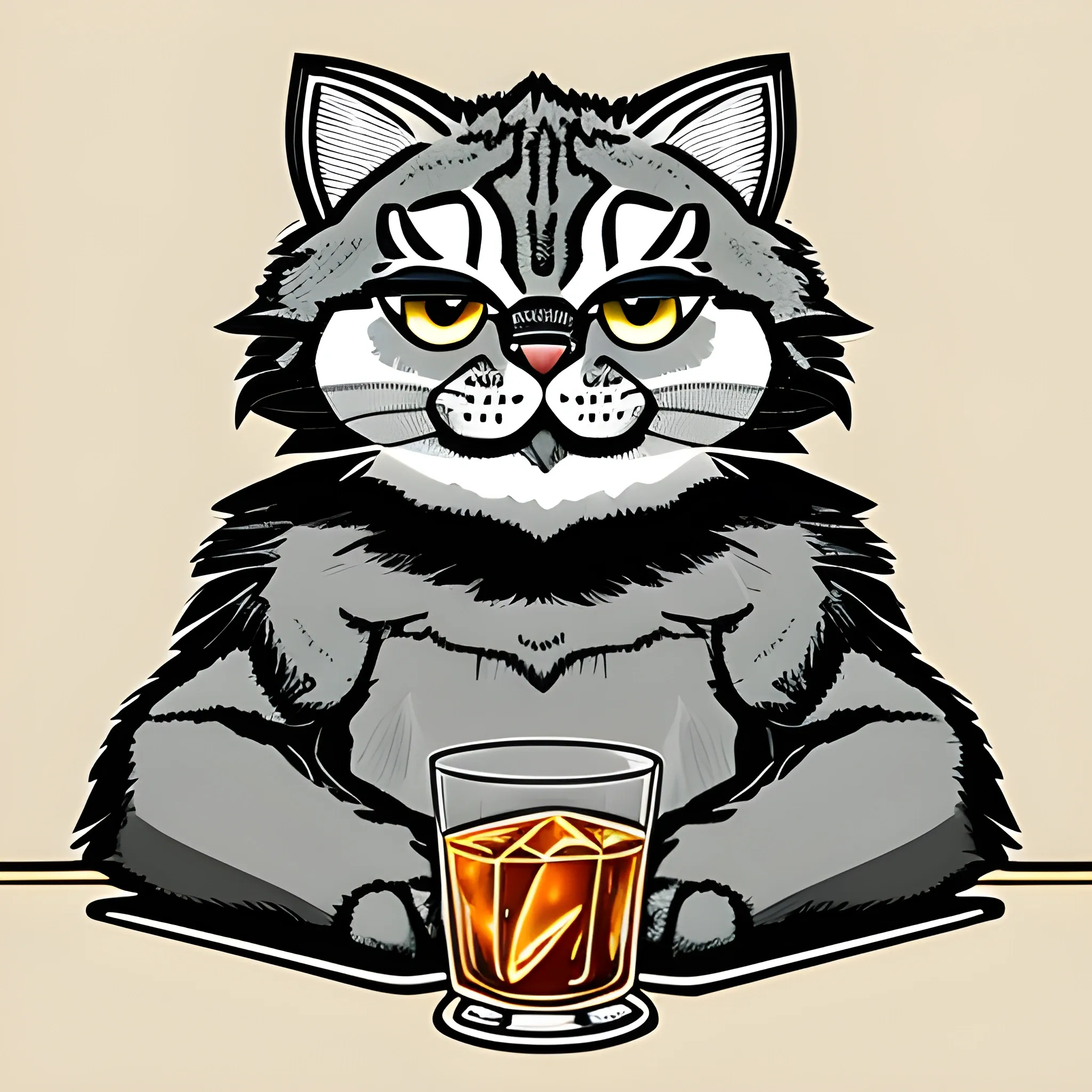 A big  gray cute Manul holds a glass of whiskey with ice. The background is monochrome neutral of a light gold. A vector image. Cartoon style.