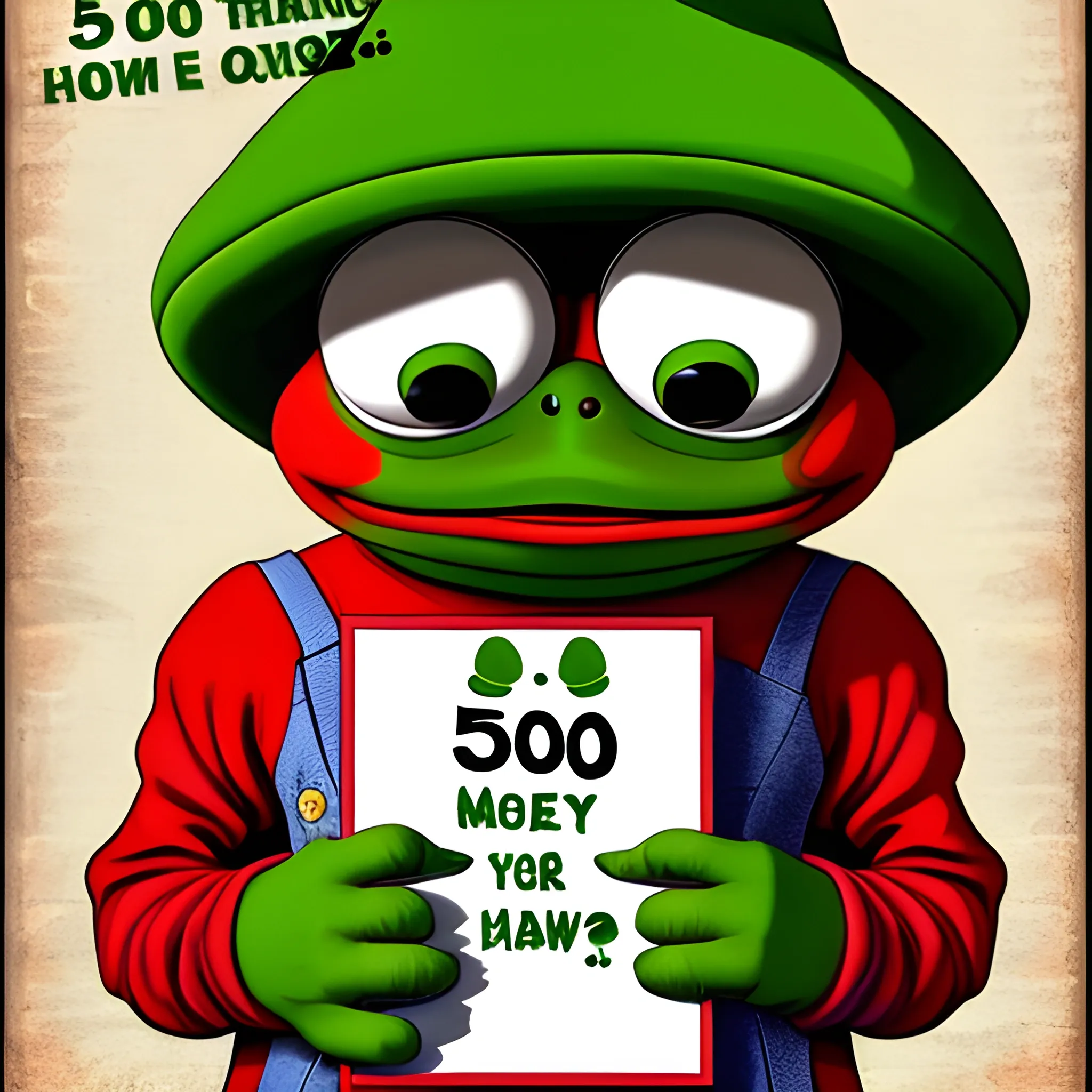 Pepe the frog from the meme, with a clown hat on his head, holding in his paws a sign with the inscription: "502"