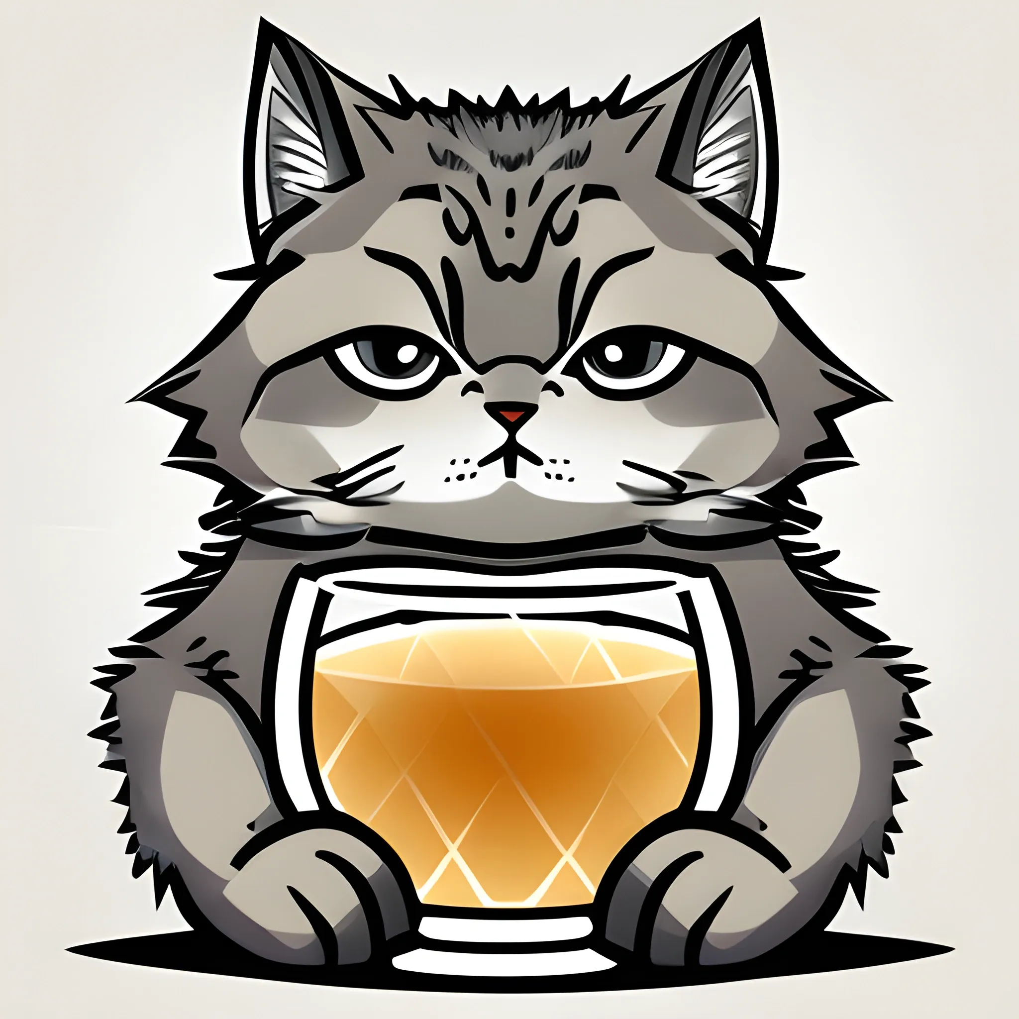 A big  gray cute Manul holds a glass of whiskey with ice. The background is monochrome neutral of a light gold. A vector image. Cartoon style.