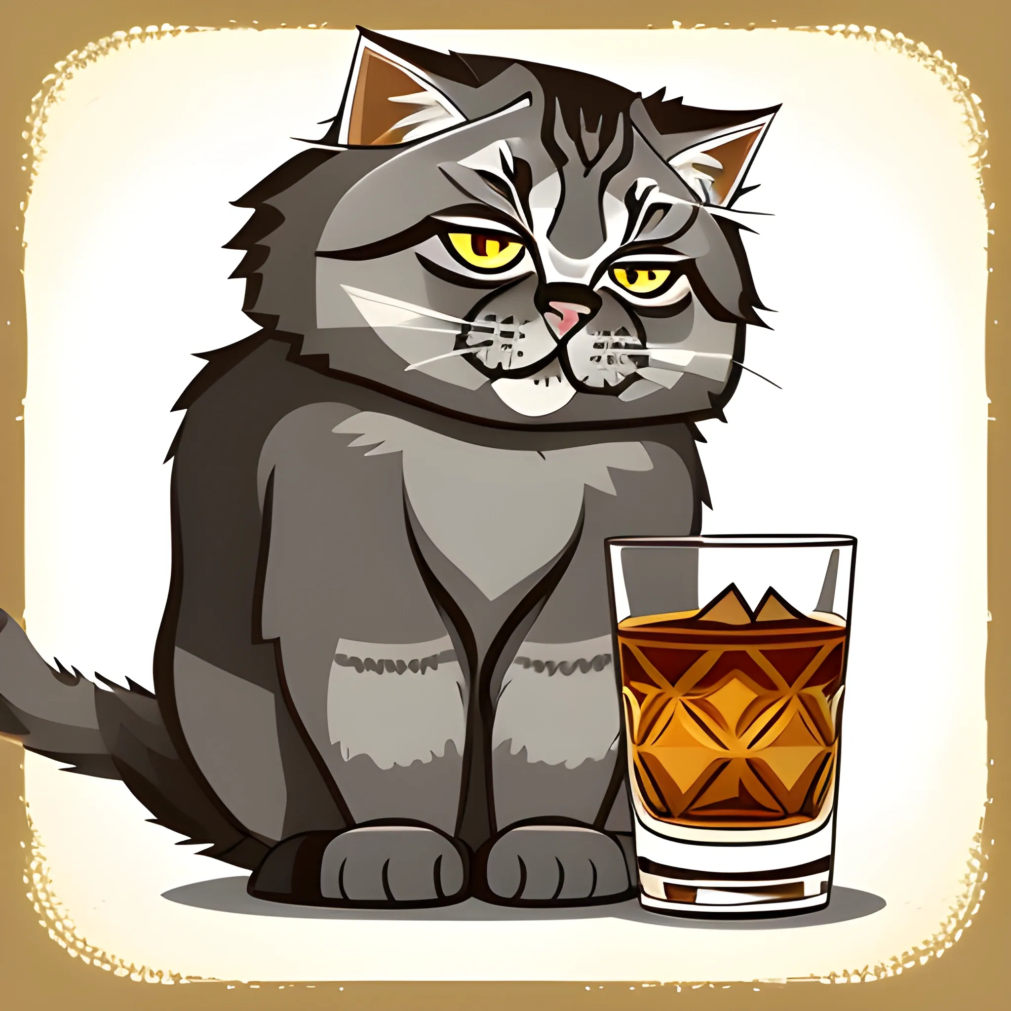 A big  gray cute Manul holds a glass of whiskey with ice. The background is monochrome neutral of a light gold. A vector image. Cartoon style.