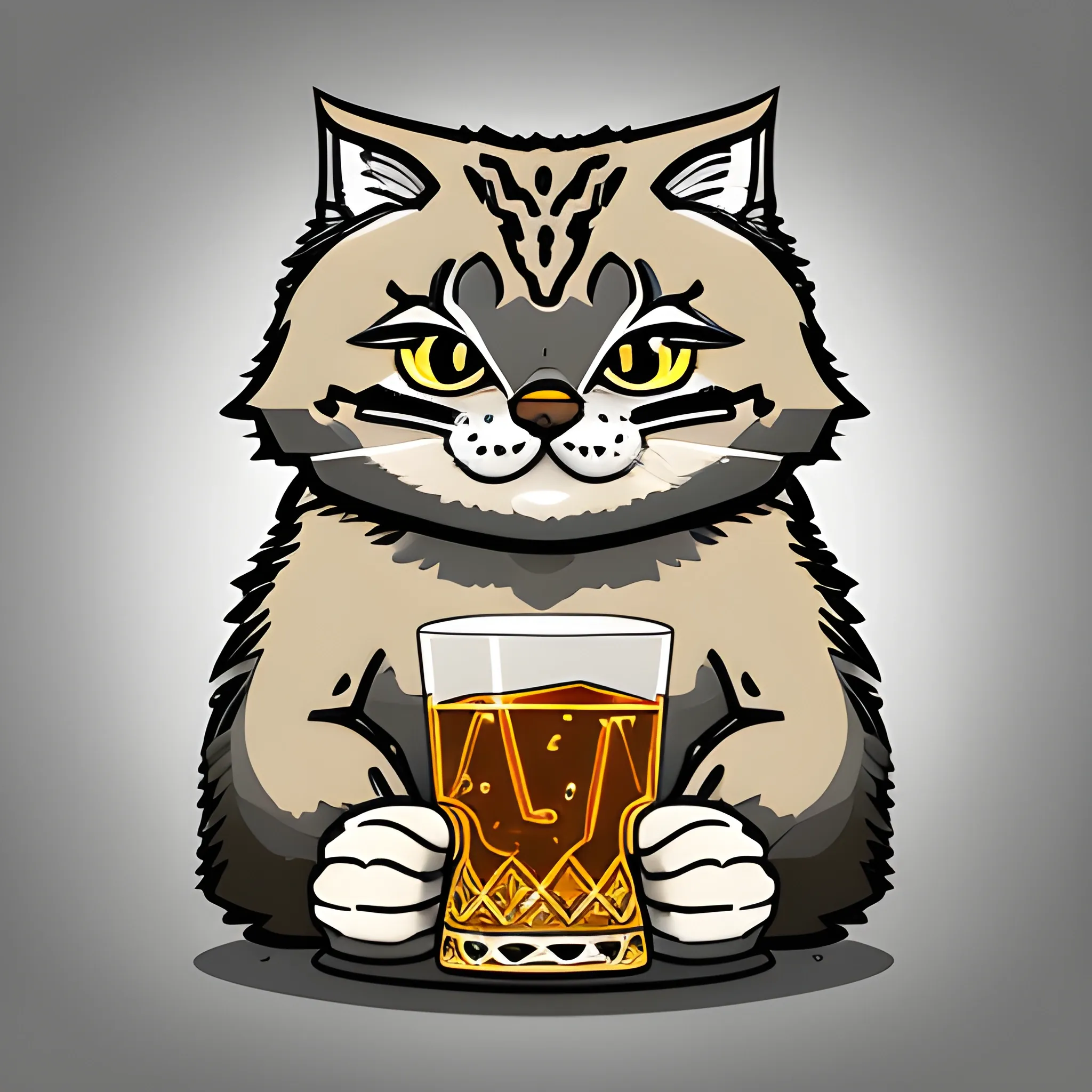 A big  gray cute Manul holds a glass of whiskey with ice. The background is monochrome neutral of a light gold. A vector image. Cartoon style.