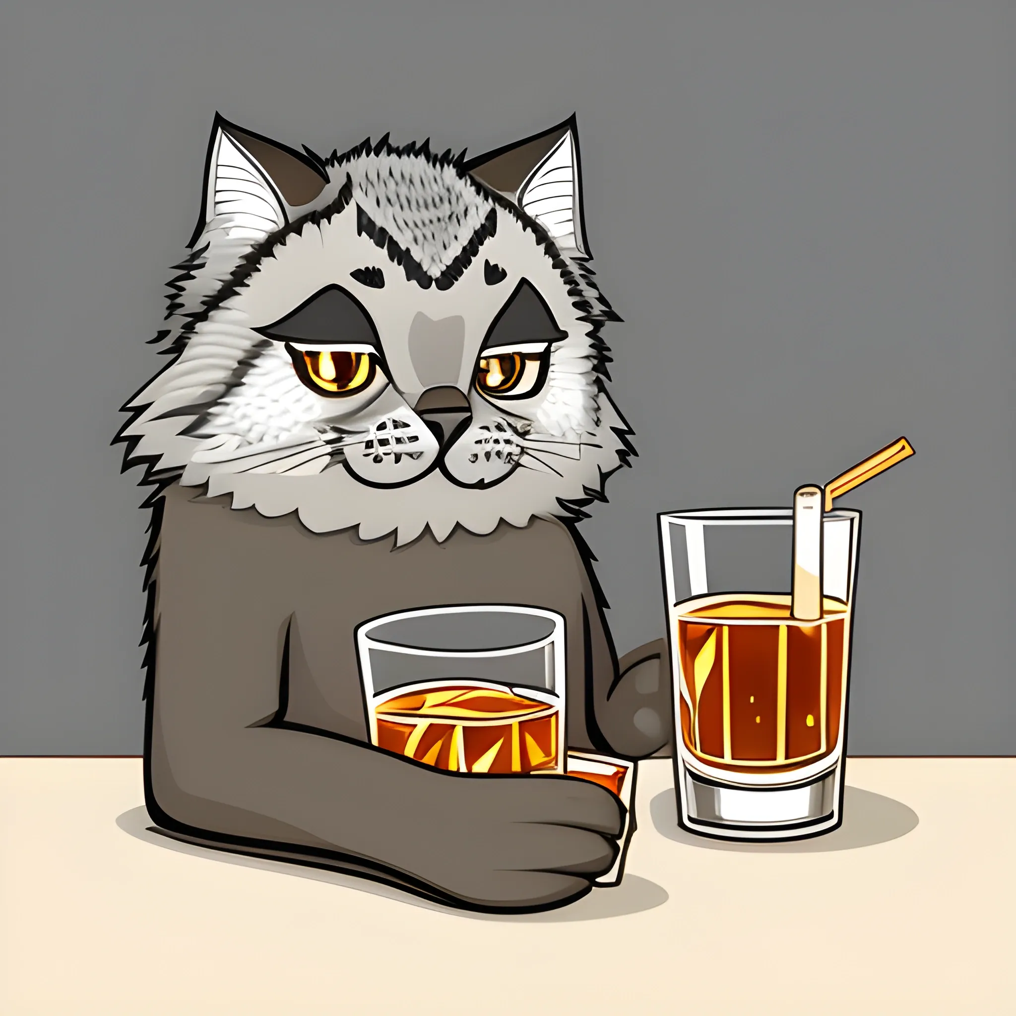 A big  gray cute Manul holds a glass of whiskey with ice. The background is monochrome neutral of a light gold. A vector image. Cartoon style.