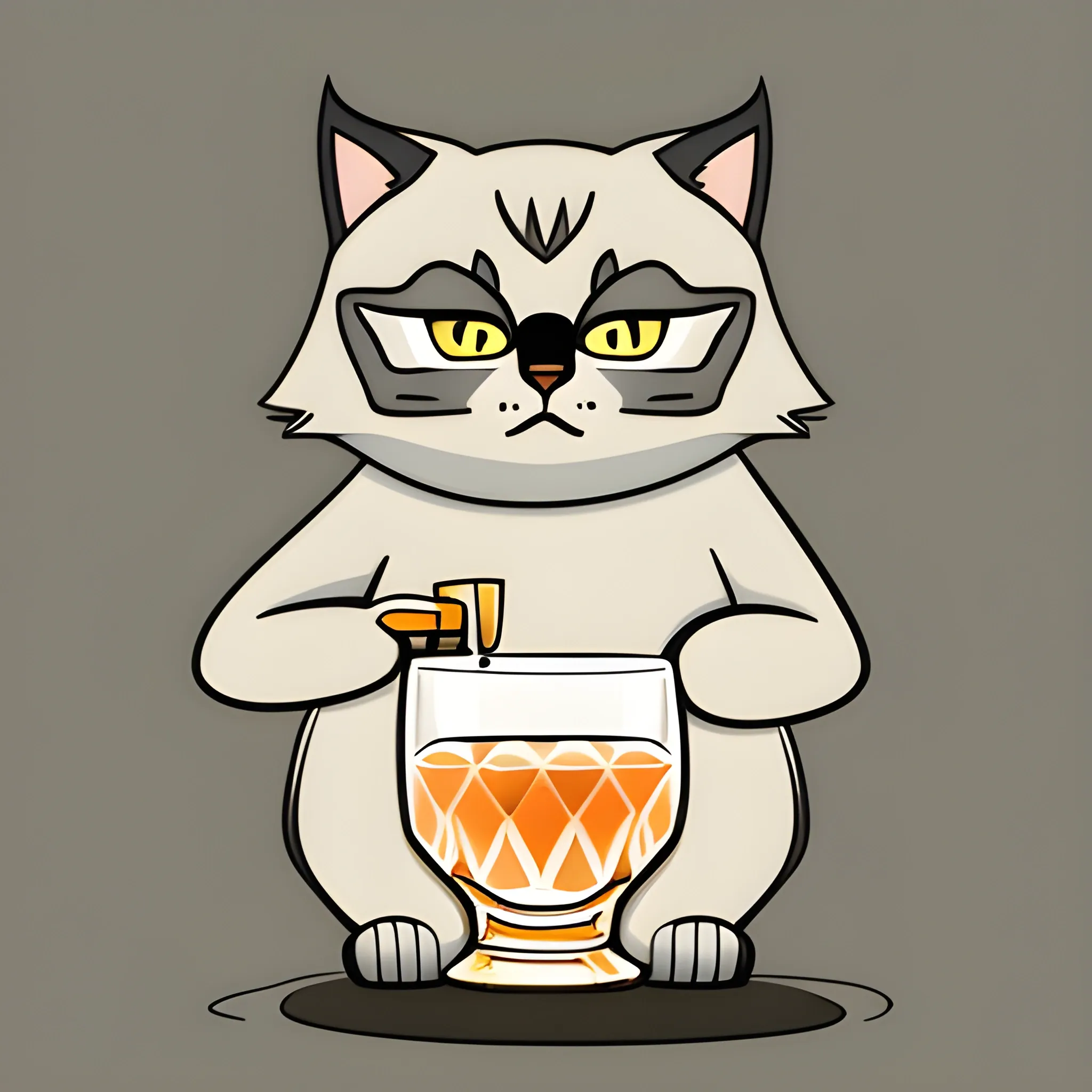 A big  gray cute Manul holds a glass of whiskey with ice. The background is monochrome neutral of a light  pastel 
 gold. A vector image. Cartoon style.