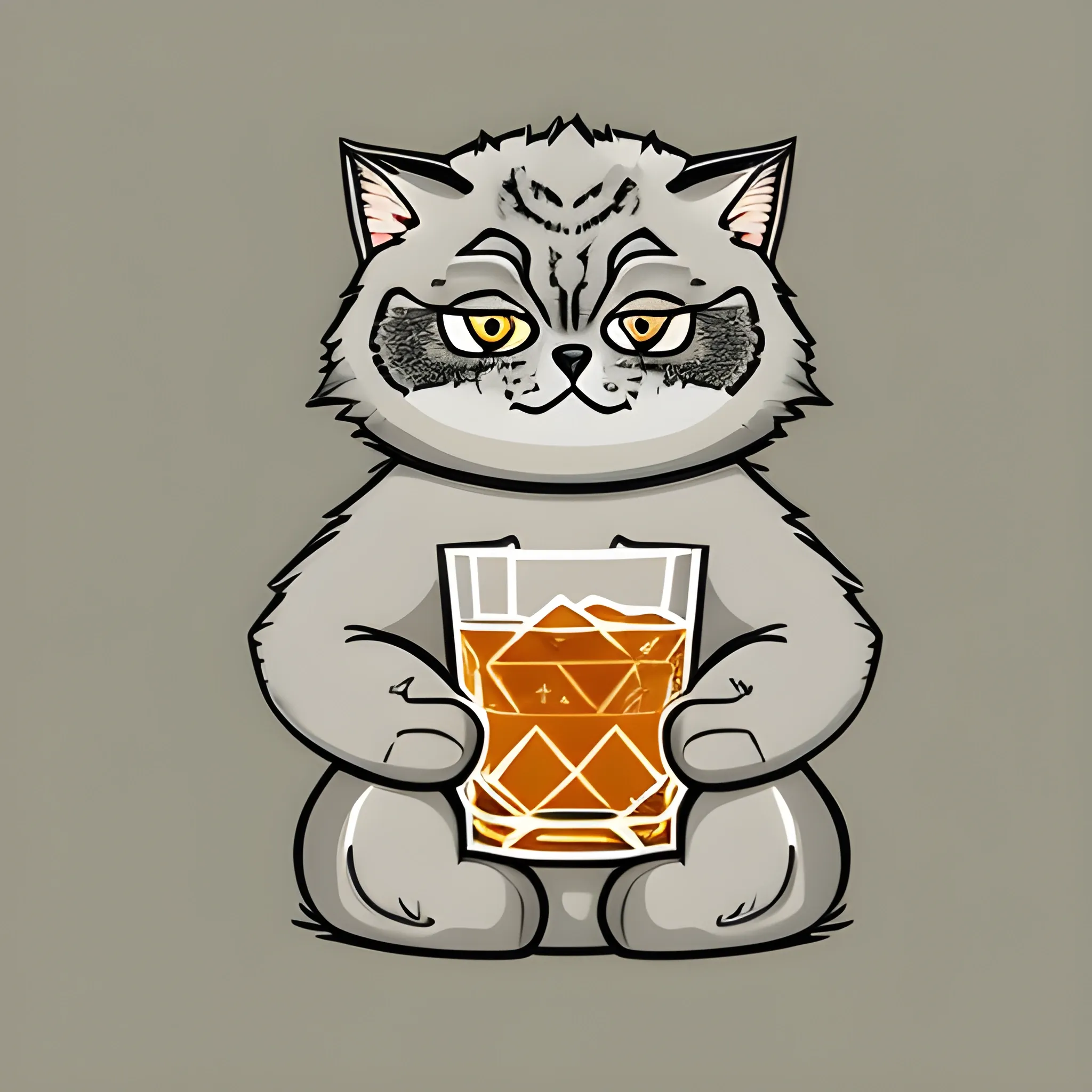 A big  gray cute Manul holds a glass of whiskey with ice. The background is monochrome neutral of a light  pastel 
 gold. A vector image. Cartoon style.