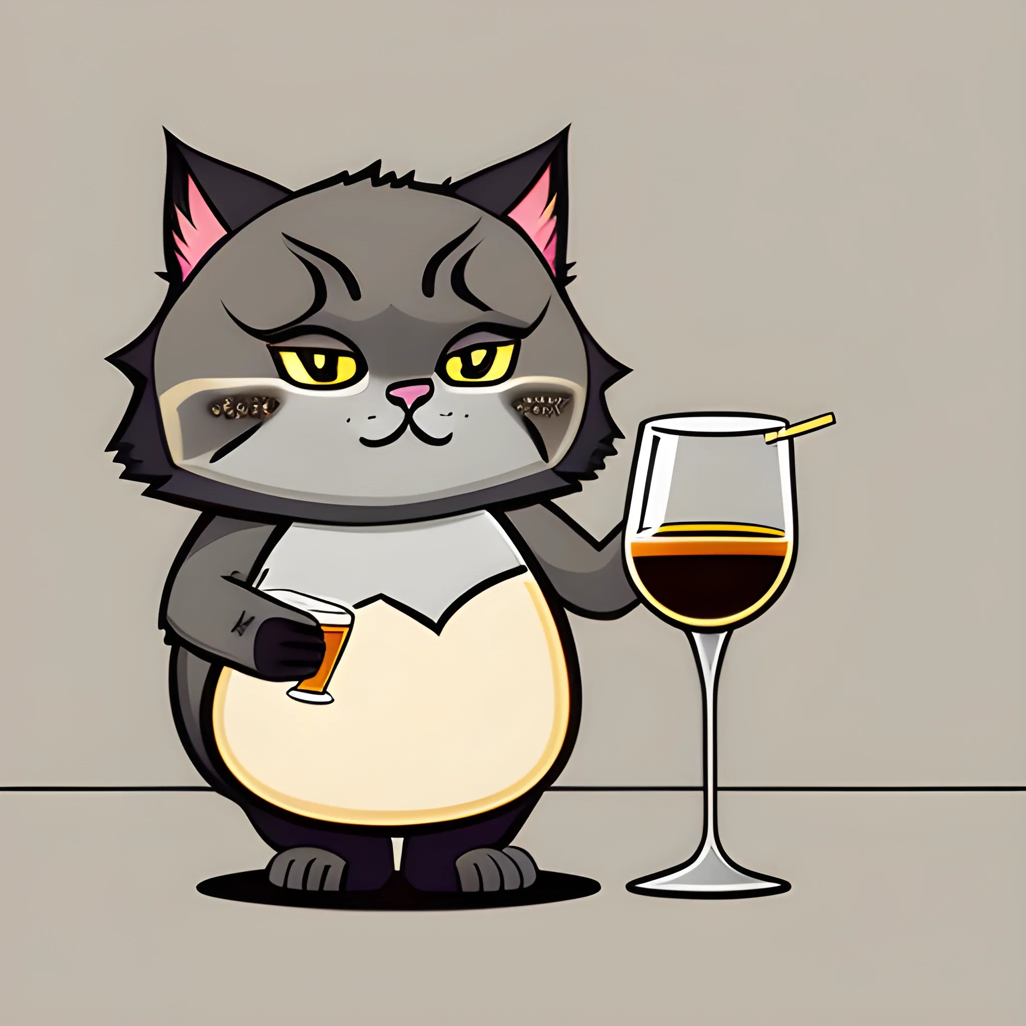 A big  gray cute Manul holds a glass of whiskey with ice. The background is monochrome neutral of a light  pastel 
 gold. A vector image. Cartoon style.