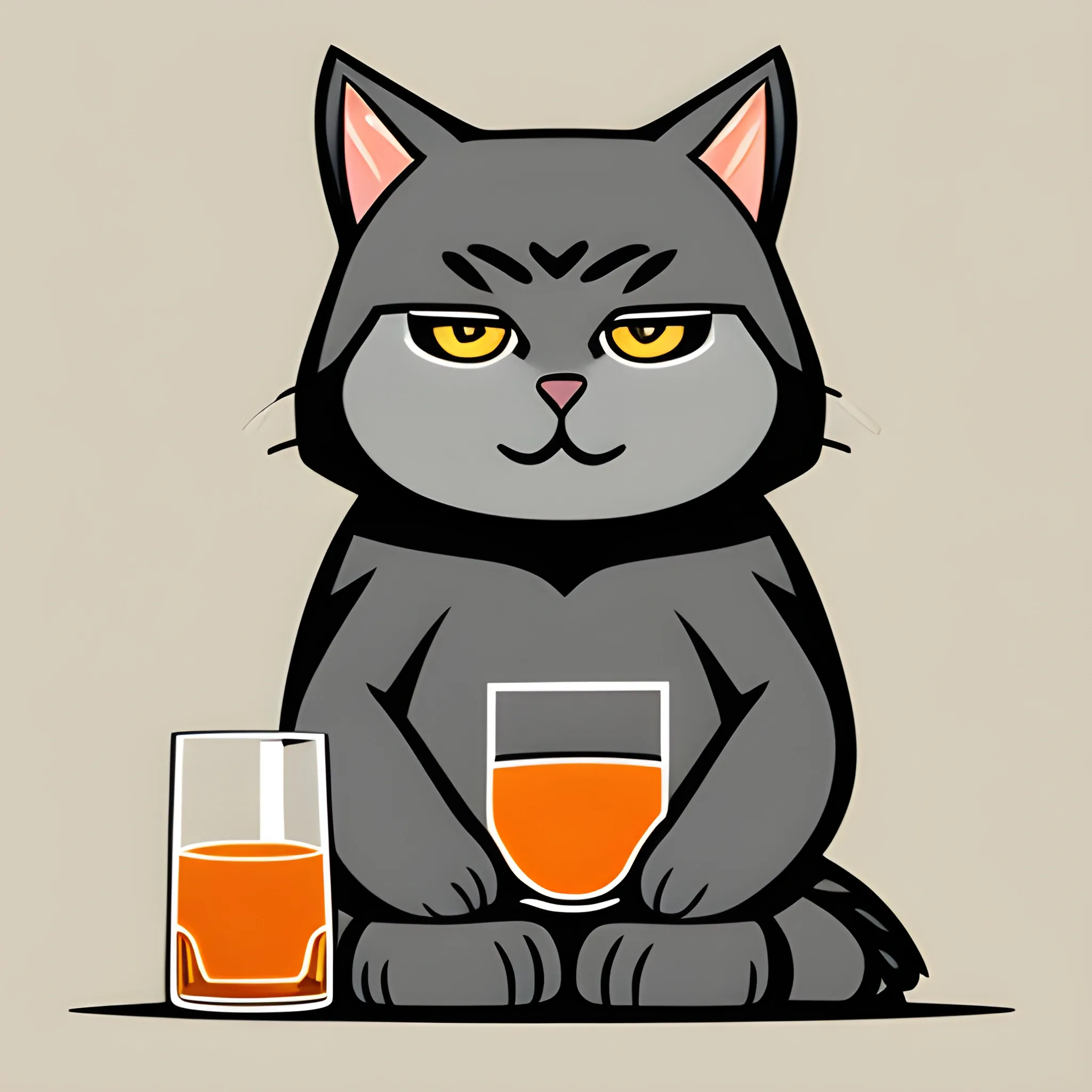 A big  gray cute Manul holds a glass of whiskey with ice. The background is monochrome neutral of a light  pastel 
 gold. A vector image. Cartoon style.