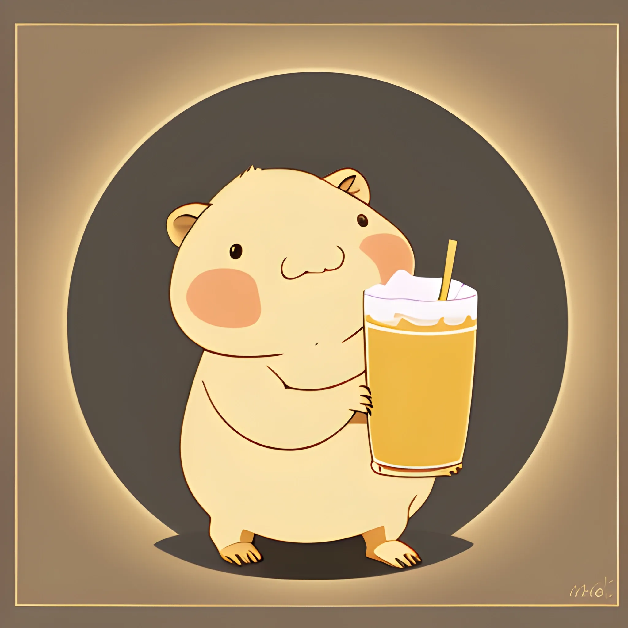 A big cute capybara is holding a pinocolada. The background is made in a neutral monochrome color of light
golden pastel. A vector image. Cartoon style.