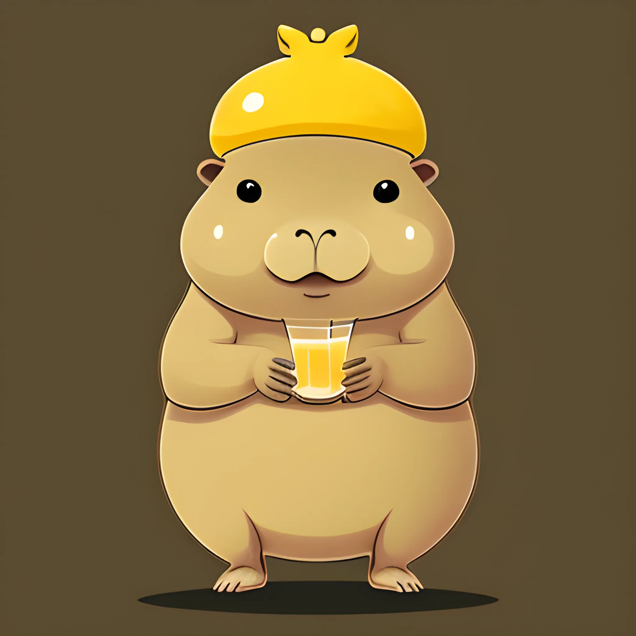 A big cute capybara is holding a pinocolada. The background is made in a neutral monochrome color of light
golden pastel. A vector image. Cartoon style.