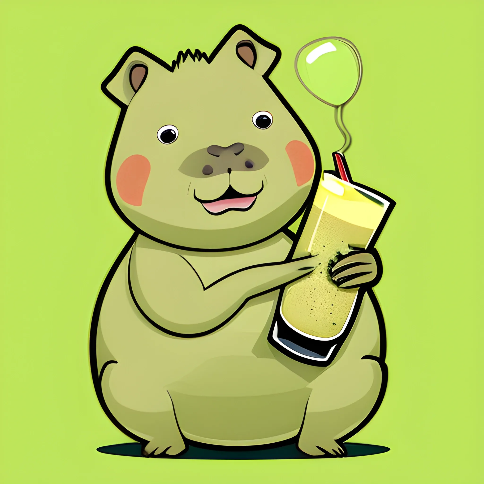 A big cute capybara is holding a pinocolada. The background is made in a neutral monochrome color of light
green-yellow. A vector image. Cartoon style.