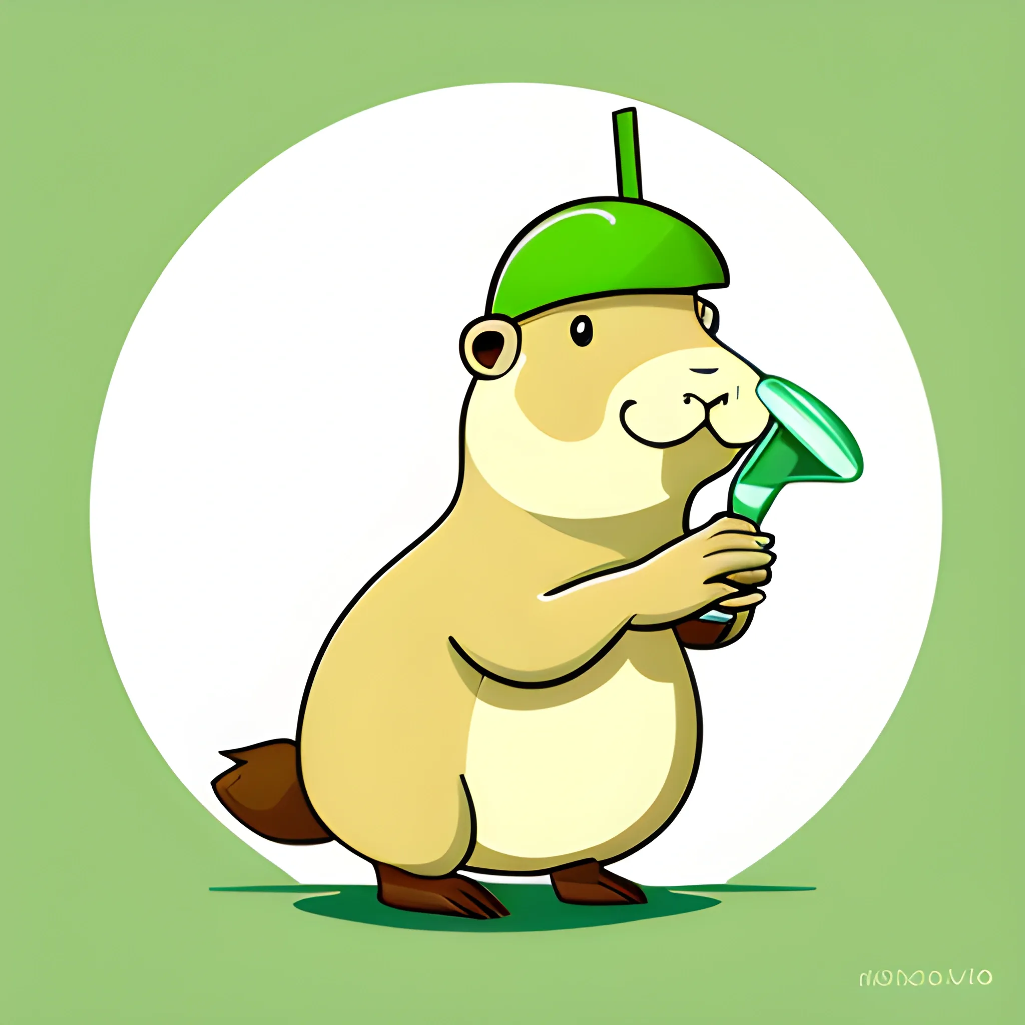 A big cute capybara is holding a pinocolada. The background is made in a neutral monochrome color of light
green-yellow. A vector image. Cartoon style.