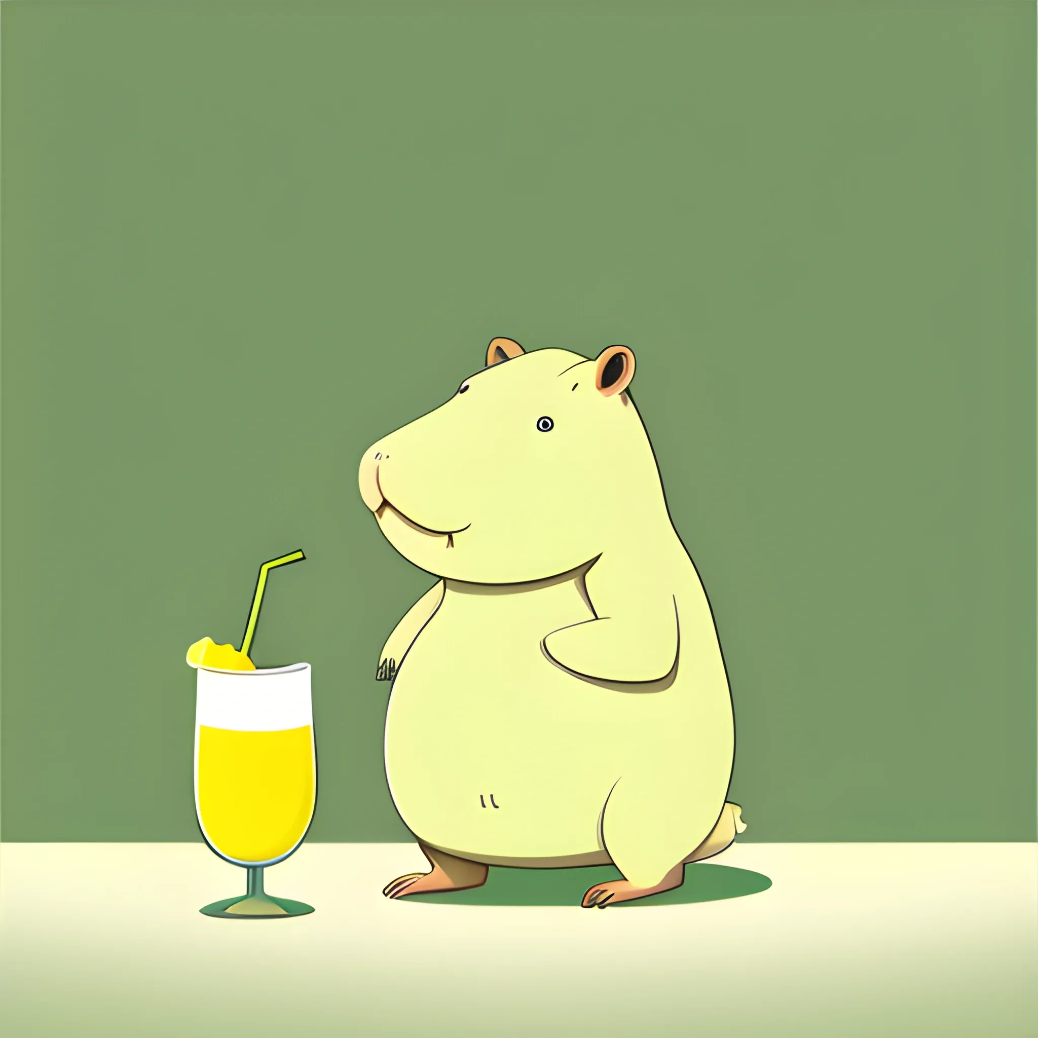 A big cute capybara is holding a pinocolada. The background is made in a neutral monochrome color of light
green-yellow. A vector image. Cartoon style.