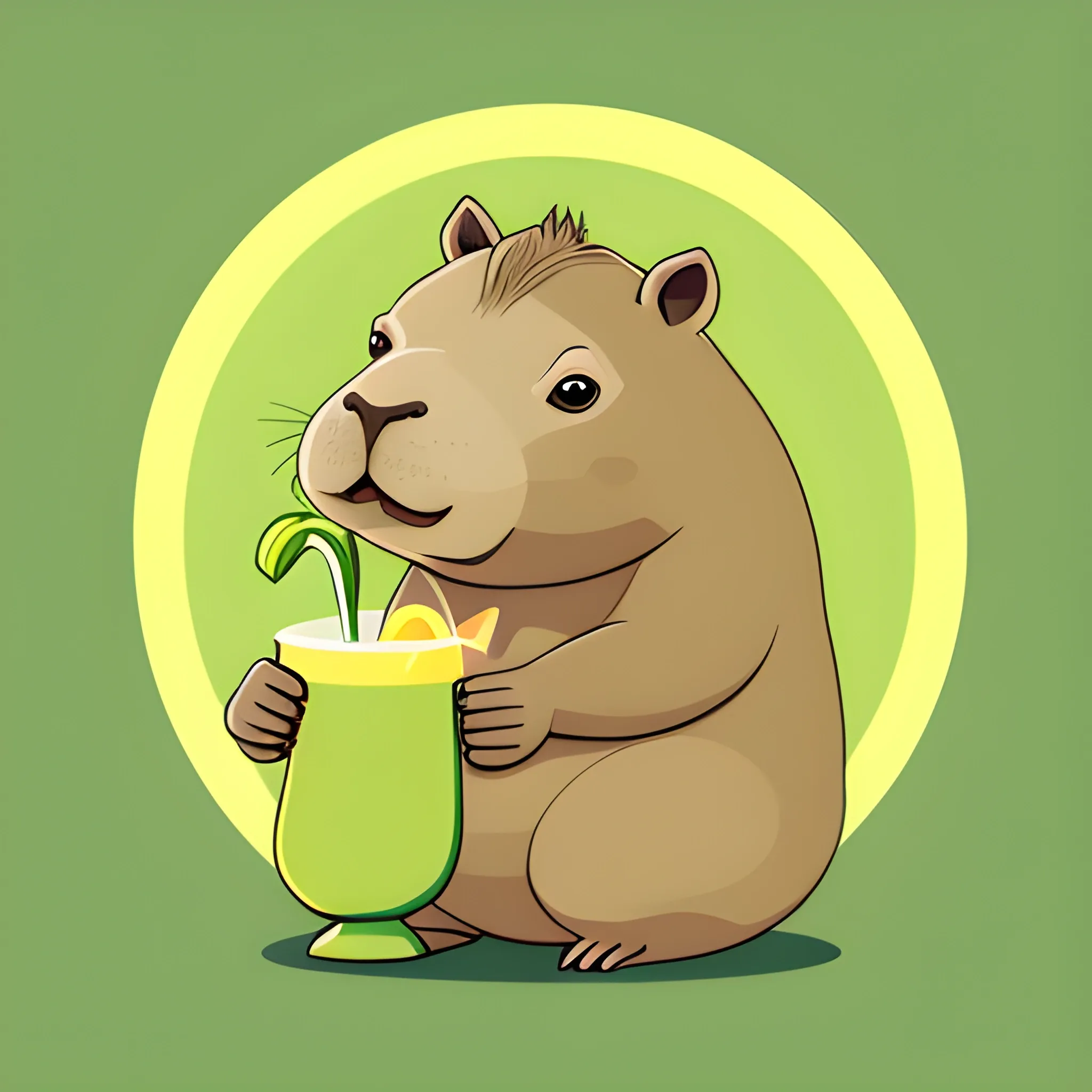 A big cute capybara is holding a pinocolada. The background is made in a neutral monochrome color of light
green-yellow. A vector image. Cartoon style.