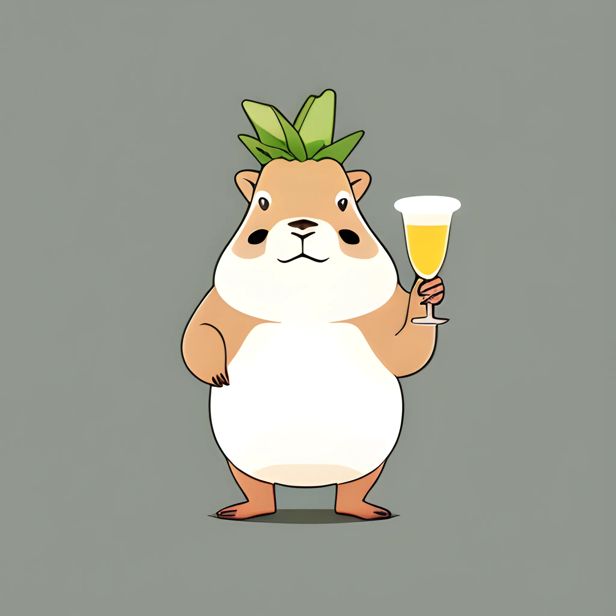 A big cute capybara is holding a pinocolada. The background is made in a neutral monochrome color of light
sky. A vector image. Cartoon style.