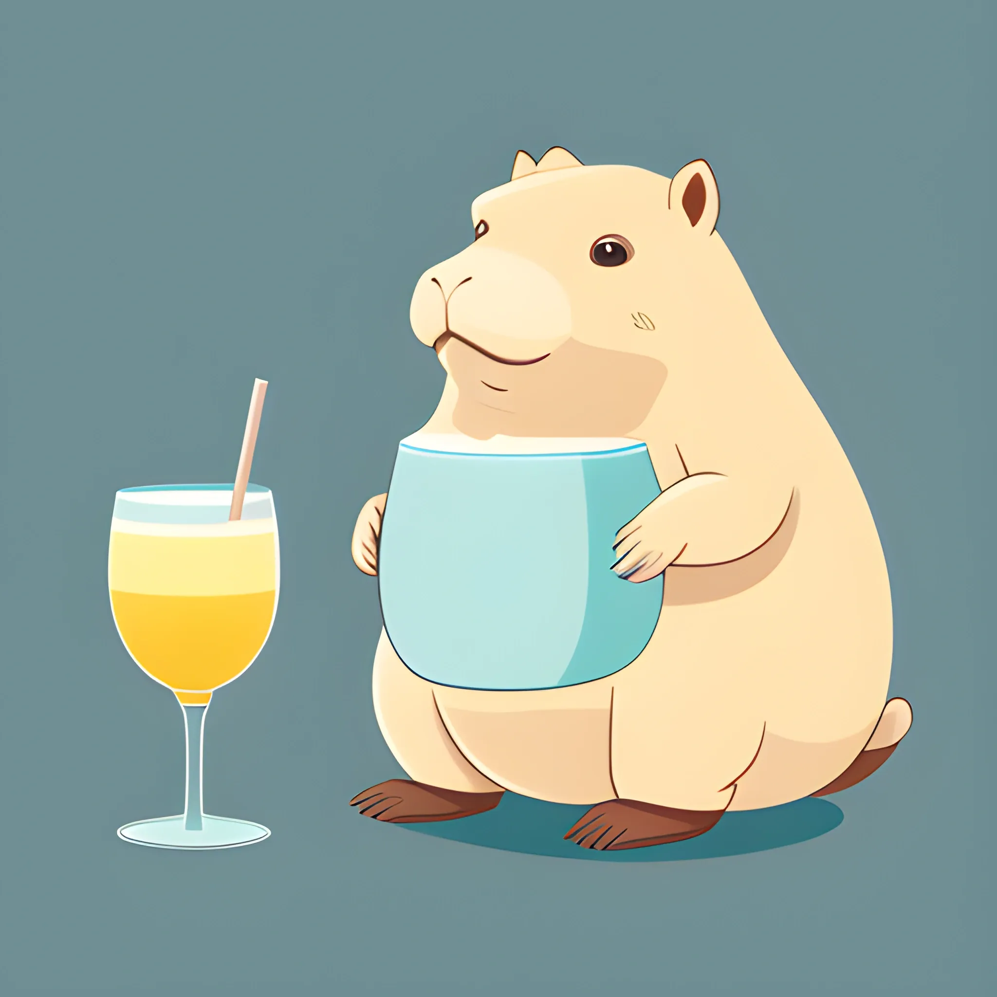 A big cute capybara is holding a pinocolada. The background is made in a neutral monochrome color of light
blue-sky. A vector image. Cartoon style.