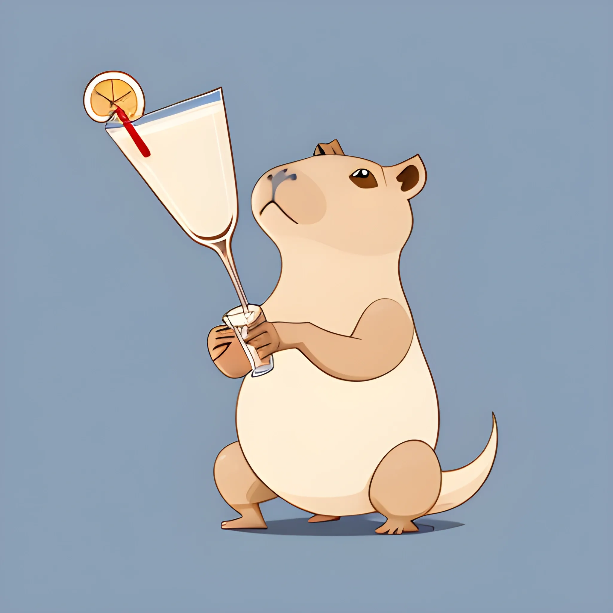 A big cute capybara is holding a pinocolade cocktail. The background is made in a neutral monochrome blue color. A vector image. Cartoon style.