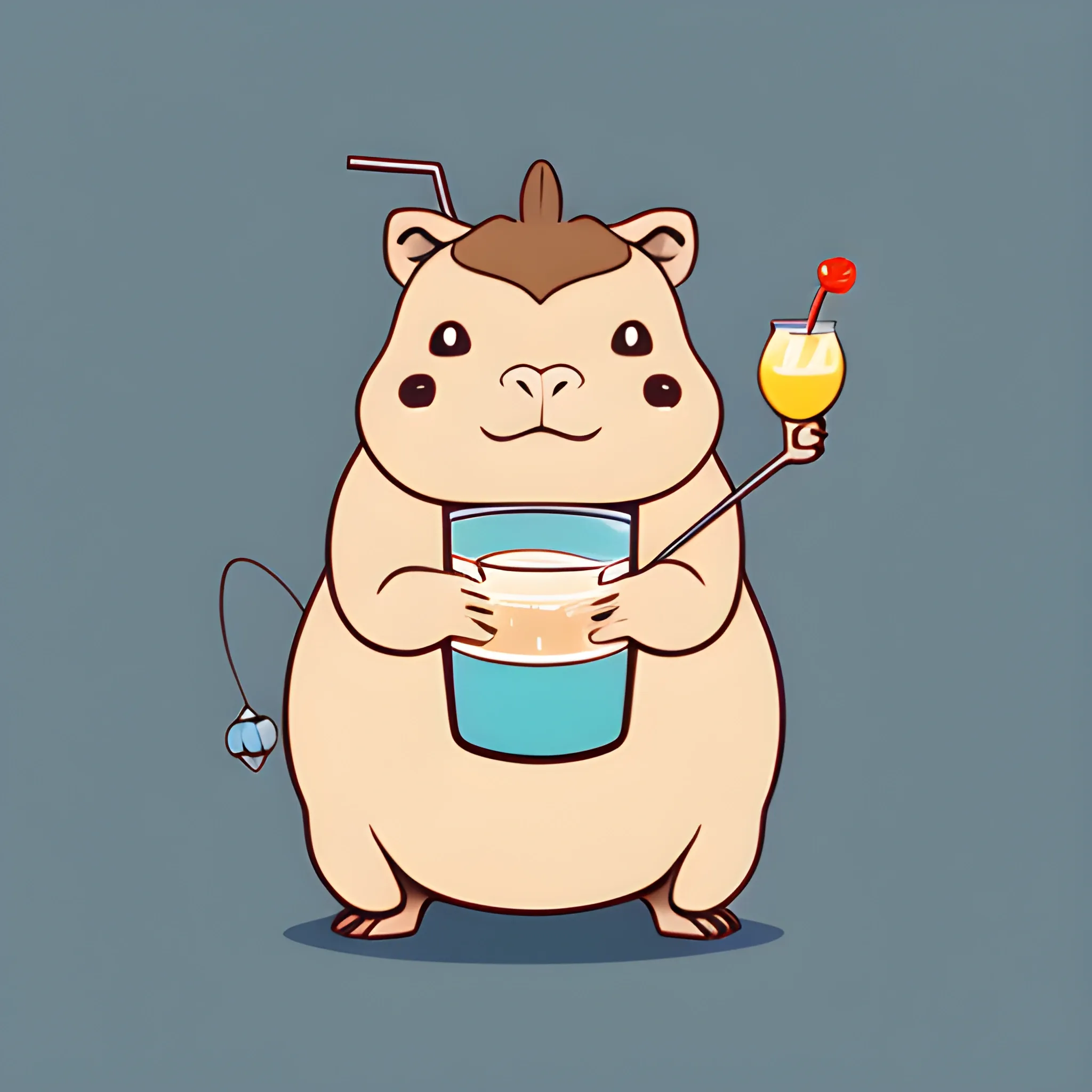 A big cute capybara is holding a pinocolade cocktail. The background is made in a neutral monochrome blue color. A vector image. Cartoon style.