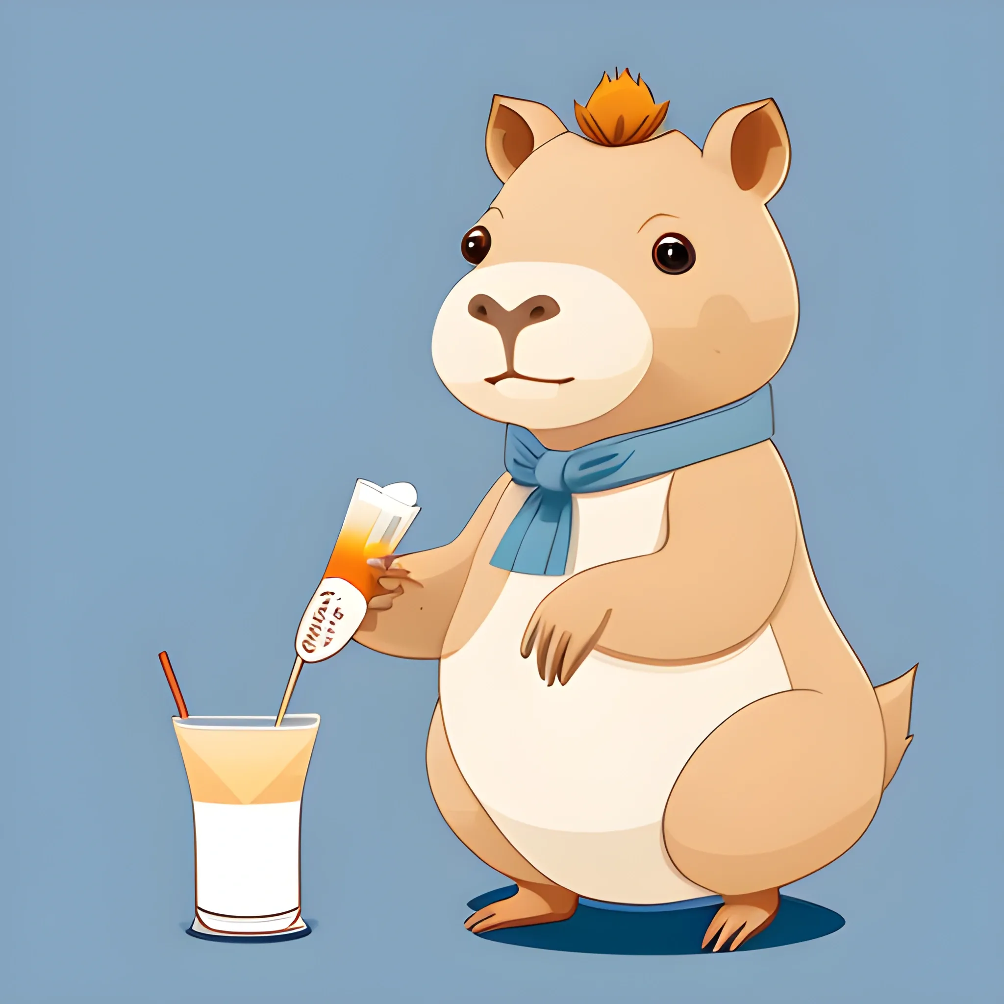 A big cute capybara is holding a pinocolade cocktail. The background is made in a neutral monochrome blue color. A vector image. Cartoon style.