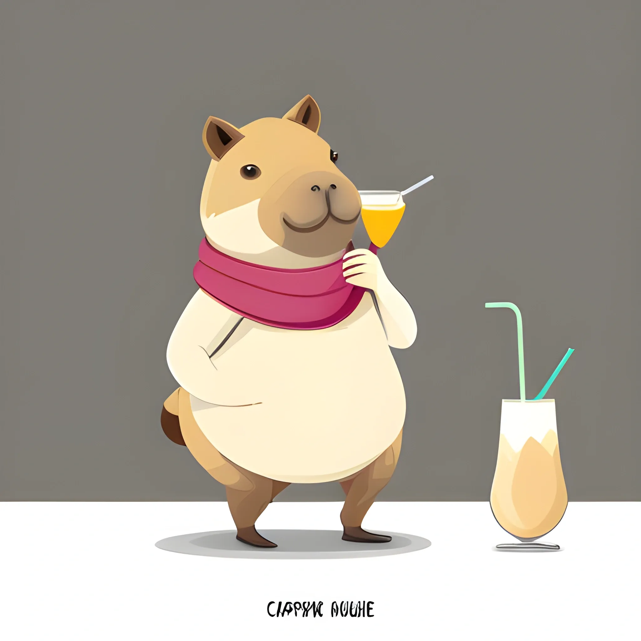 A big cute capybara with a scarf holds a pinocoladas cocktail with a straw. The background is made in a neutral monochrome sky color. A vector image. Cartoon style.