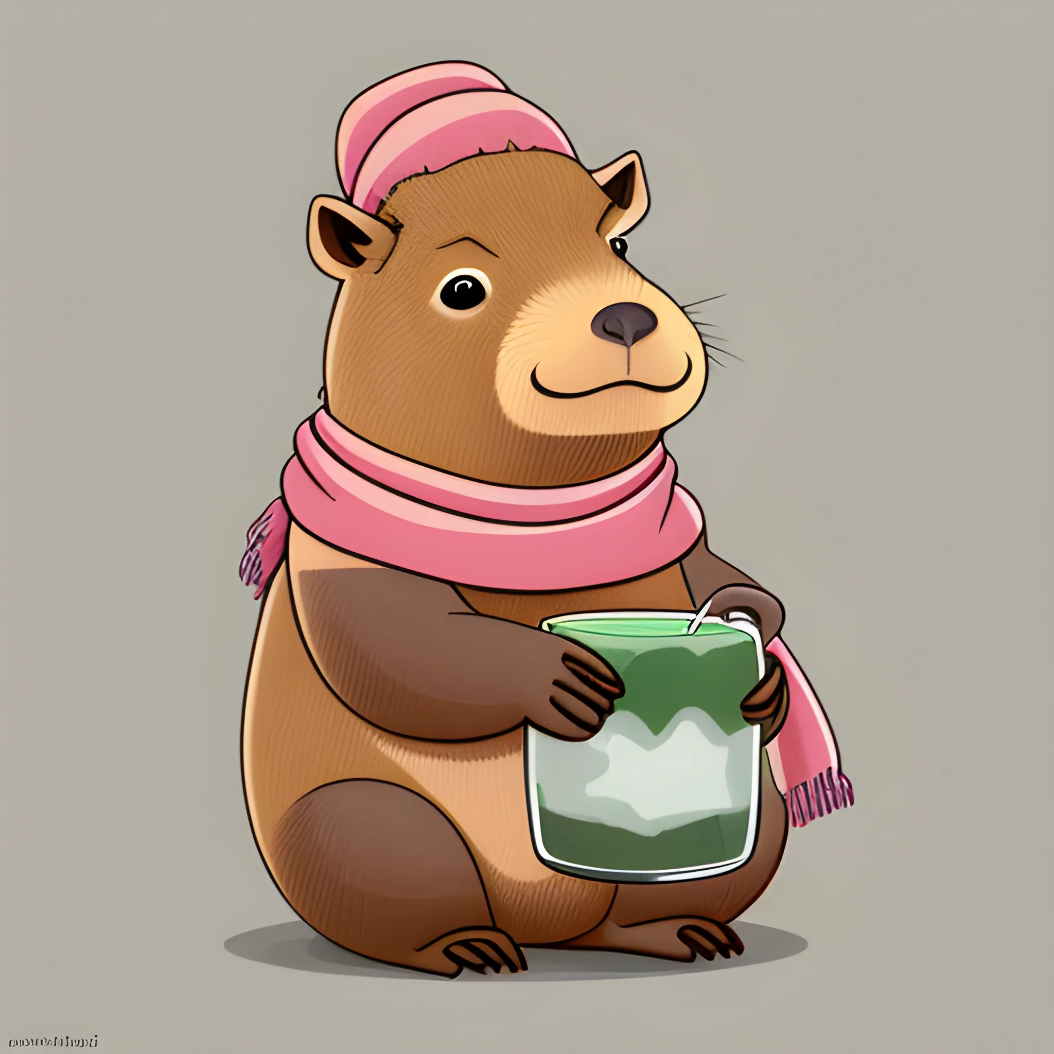 A big cute capybara with a scarf holds a pinocoladas cocktail with a straw. The background is made in a neutral monochrome sky color. A vector image. Cartoon style.