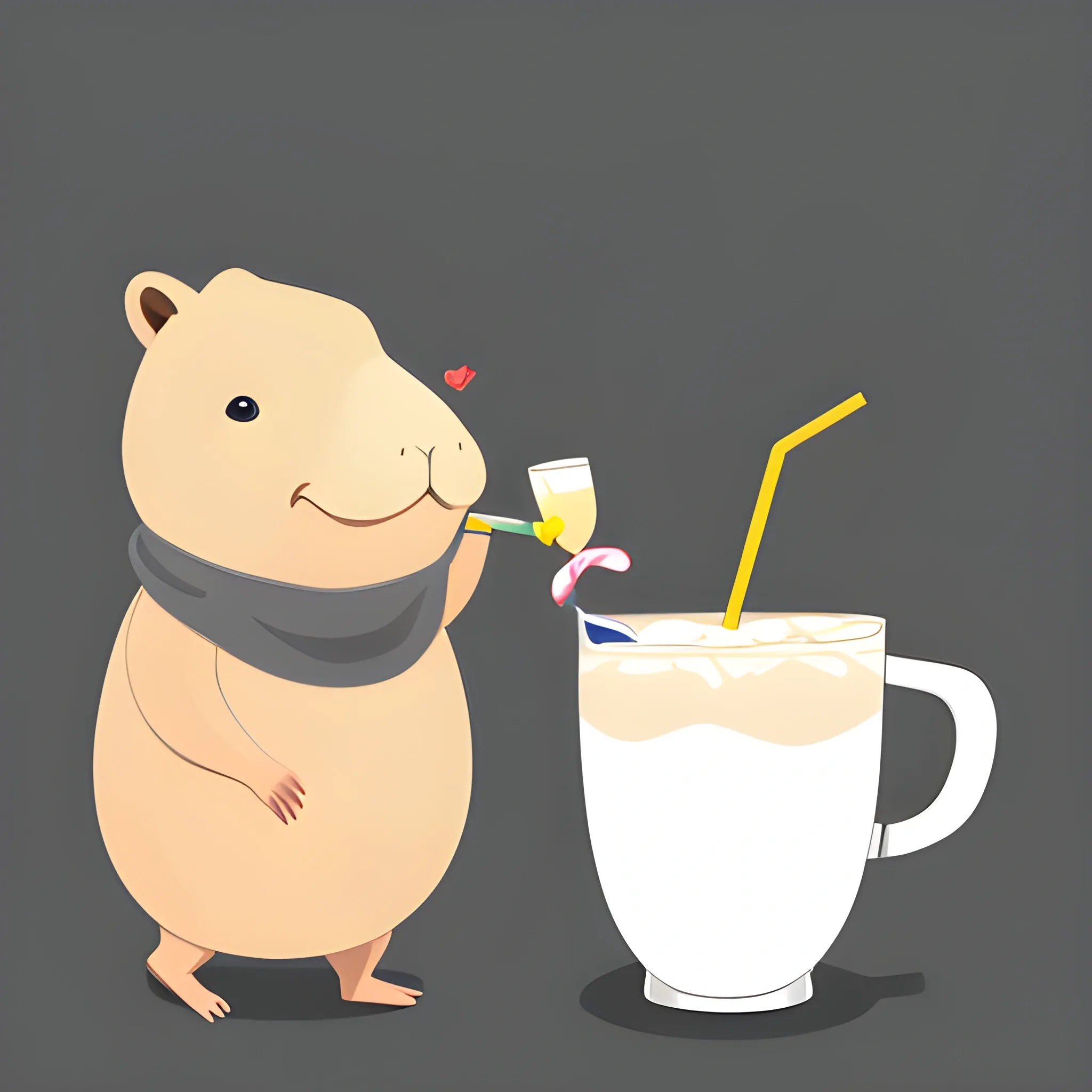 A big cute capybara with a scarf holds a pinocoladas cocktail with a straw. The background is made in a neutral monochrome sky color. A vector image. Cartoon style.