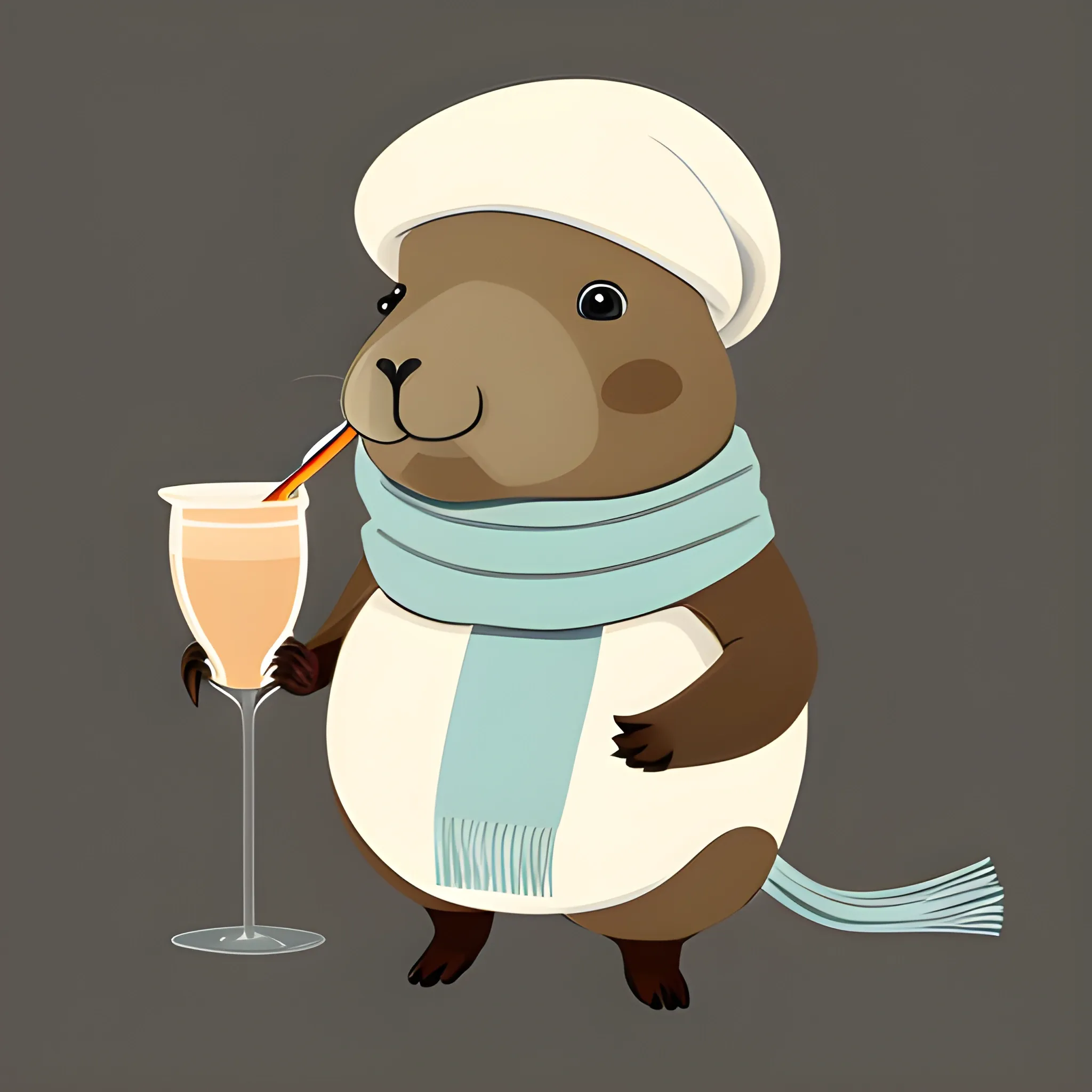 A big cute capybara with a scarf holds a pinocoladas cocktail with a straw. The background is made in a neutral monochrome sky color. A vector image. Cartoon style.