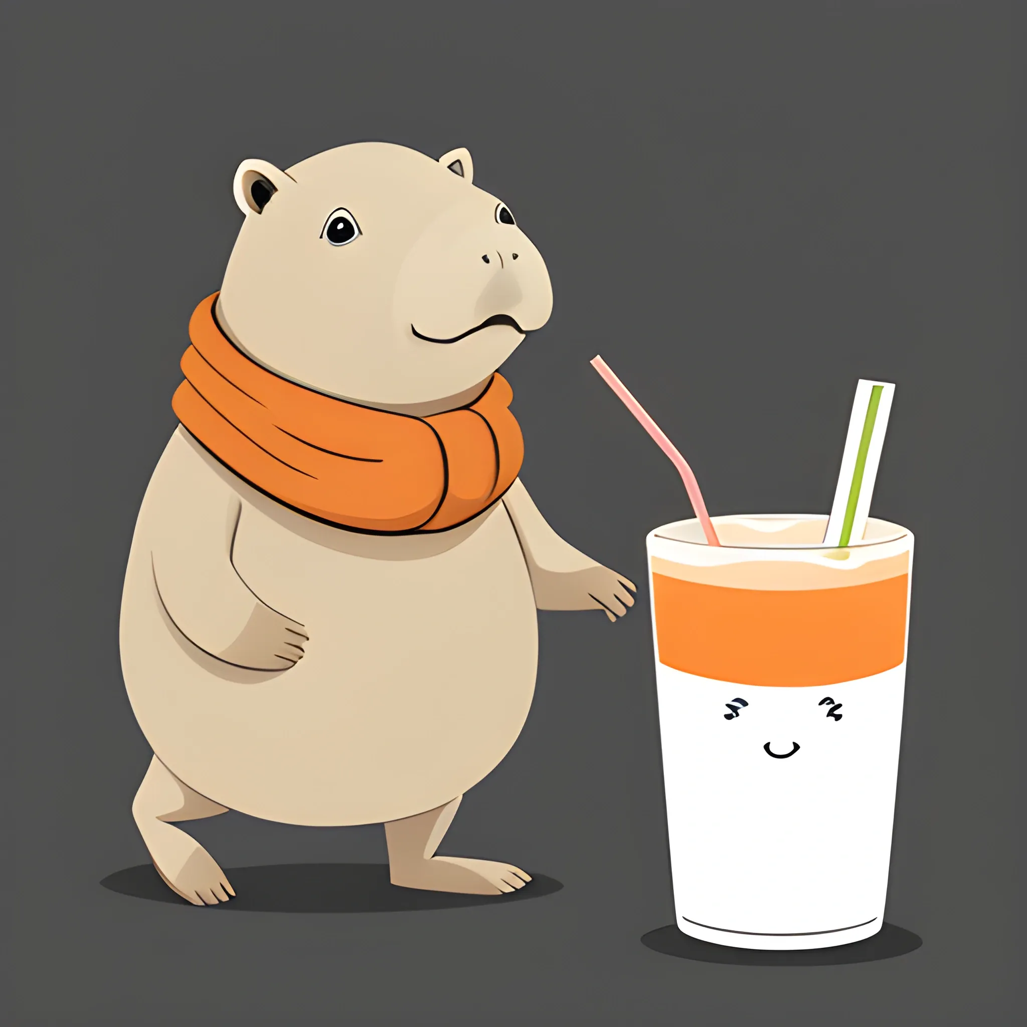 A big cute capybara with a scarf with a pinocolade cocktail with a straw. The background is made in a neutral monochrome sky color. A vector image. Cartoon style