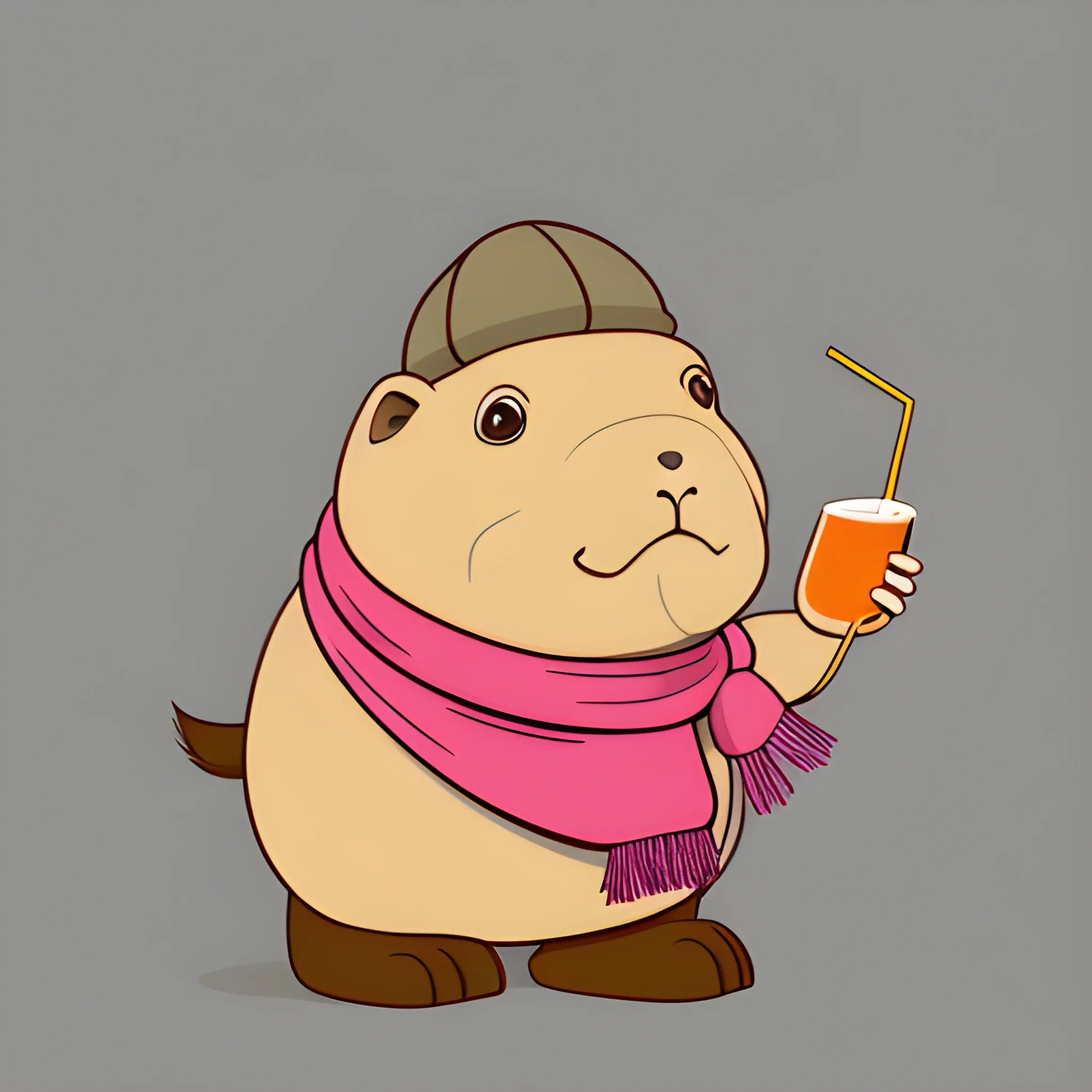 A big cute capybara with a scarf with a pinocolade cocktail with a straw. The background is made in a neutral monochrome sky color. A vector image. Cartoon style